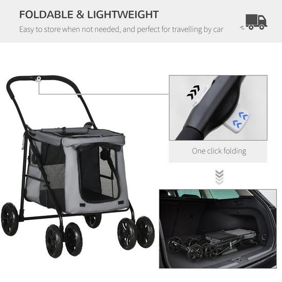 PAWHUT One-Click Foldable Pet Stroller, Dog Cat Travel Pushchair with EVA Wheels, Storage Bags, Mesh Windows, Doors, Safety Leash, Cushion, for Small Pets 5