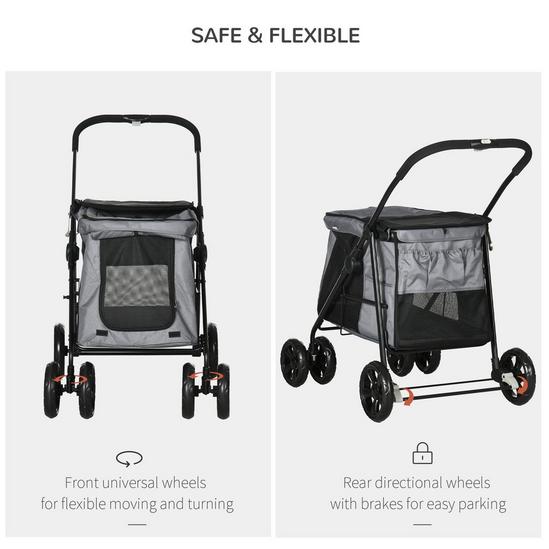 PAWHUT One-Click Foldable Pet Stroller, Dog Cat Travel Pushchair with EVA Wheels, Storage Bags, Mesh Windows, Doors, Safety Leash, Cushion, for Small Pets 6