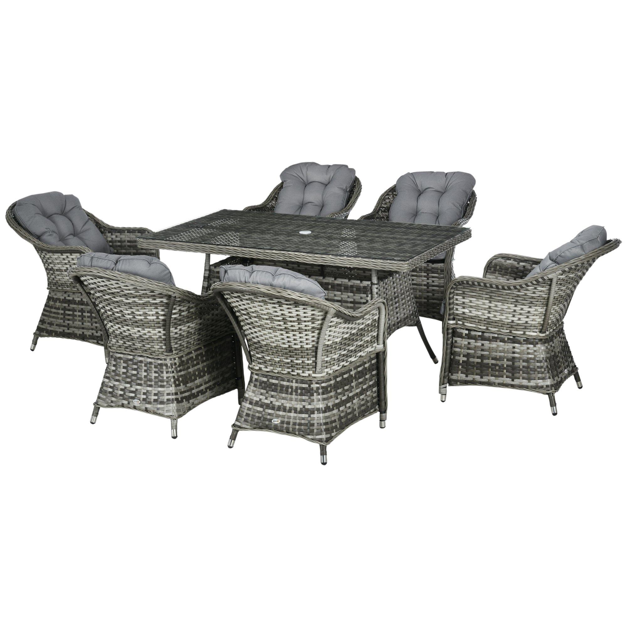 7 PCs Rattan Dining Sets, Outdoor Dining Set with Tempered Glass Umbrella Hole