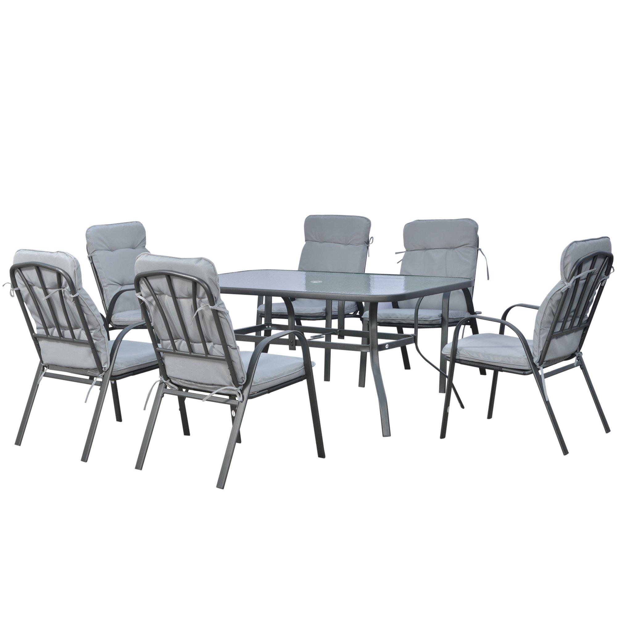 7 PCs Garden Dining Set, Glass Table w/ Umbrella Hole & Cushion