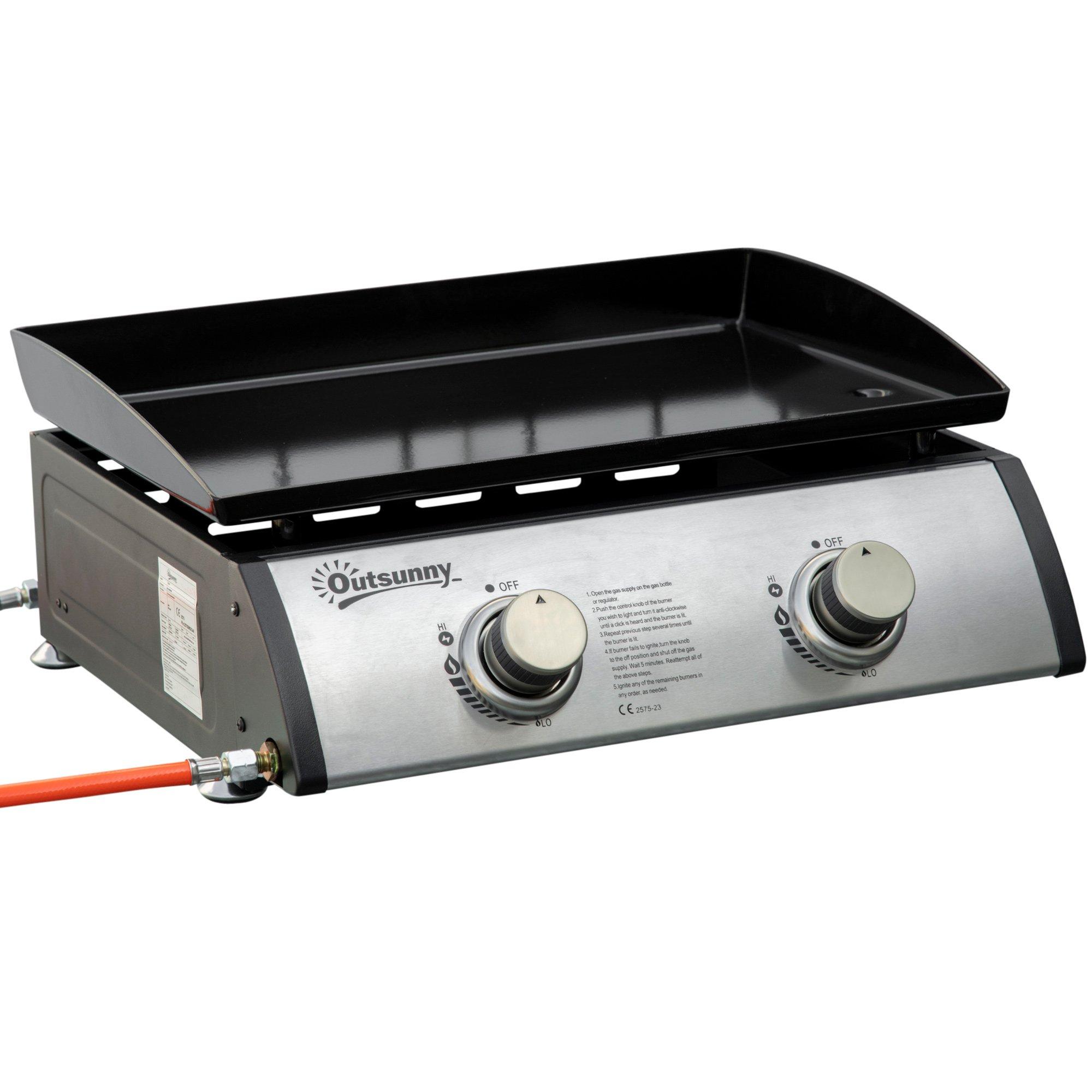 Portable Gas Plancha BBQ Grill with 2 Stainless Steel Burner, 6kW