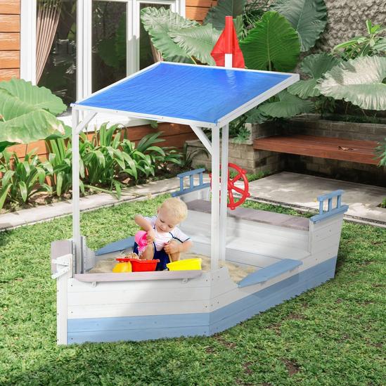 OUTSUNNY Wooden Kids Sand Pit Children Sandbox with UV Protection Canopy 2