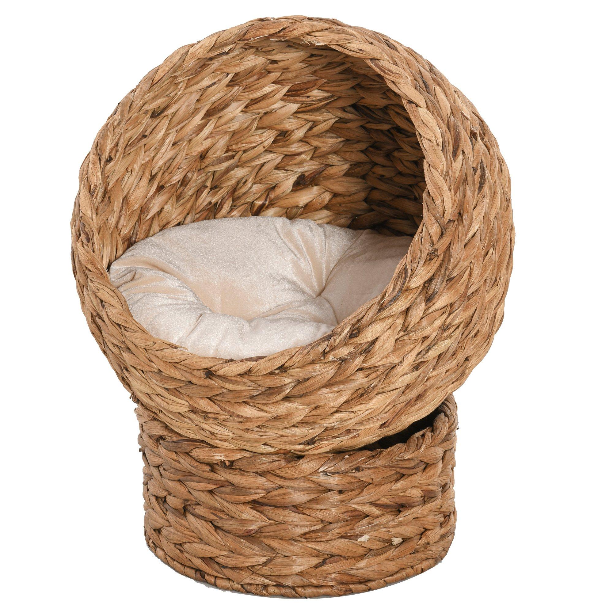 Wicker Cat House, Raised Cat Bed with Cylindrical Base, 50 x 42 x 60