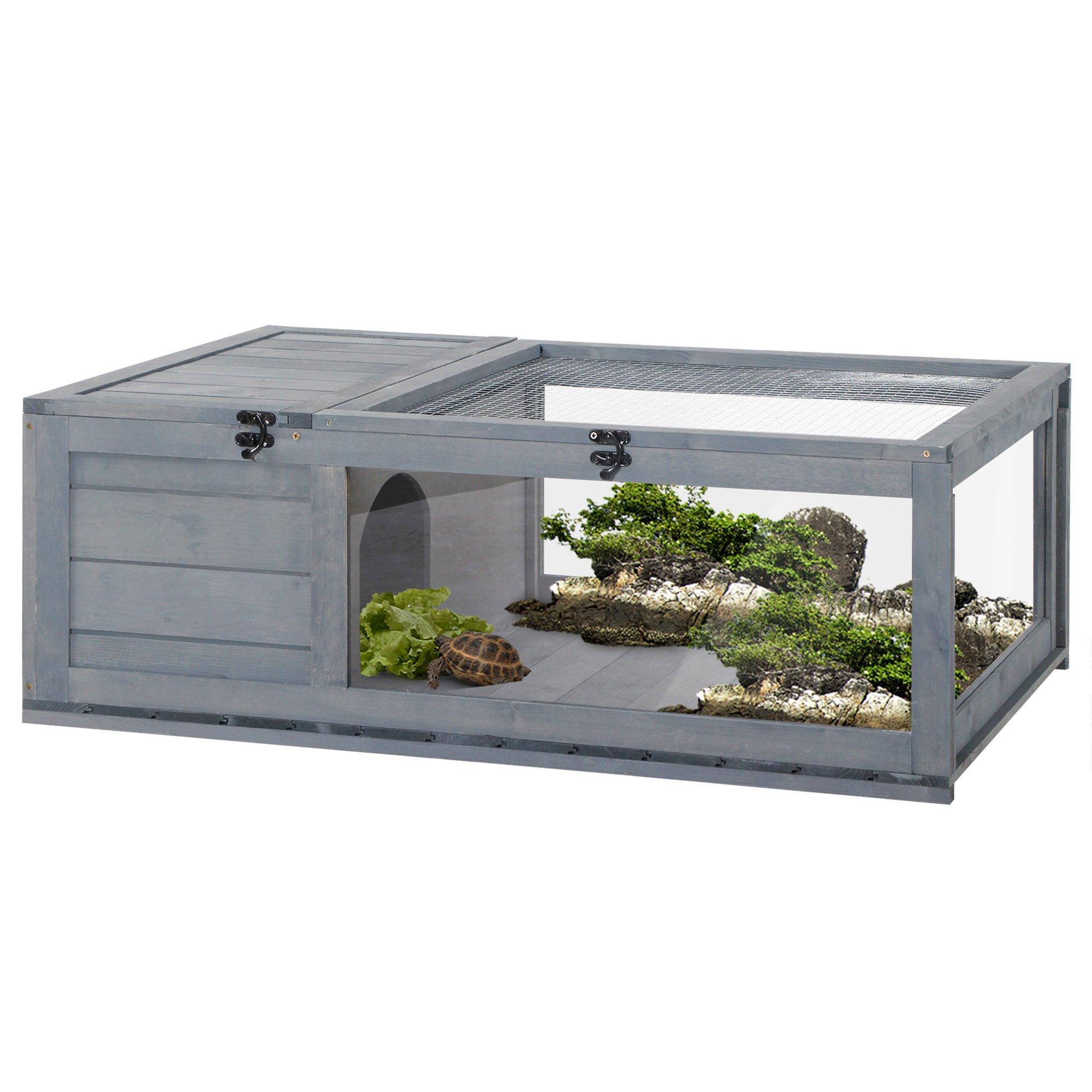 Tortoise House, Small Pet Reptile Wooden House with Mesh Roof
