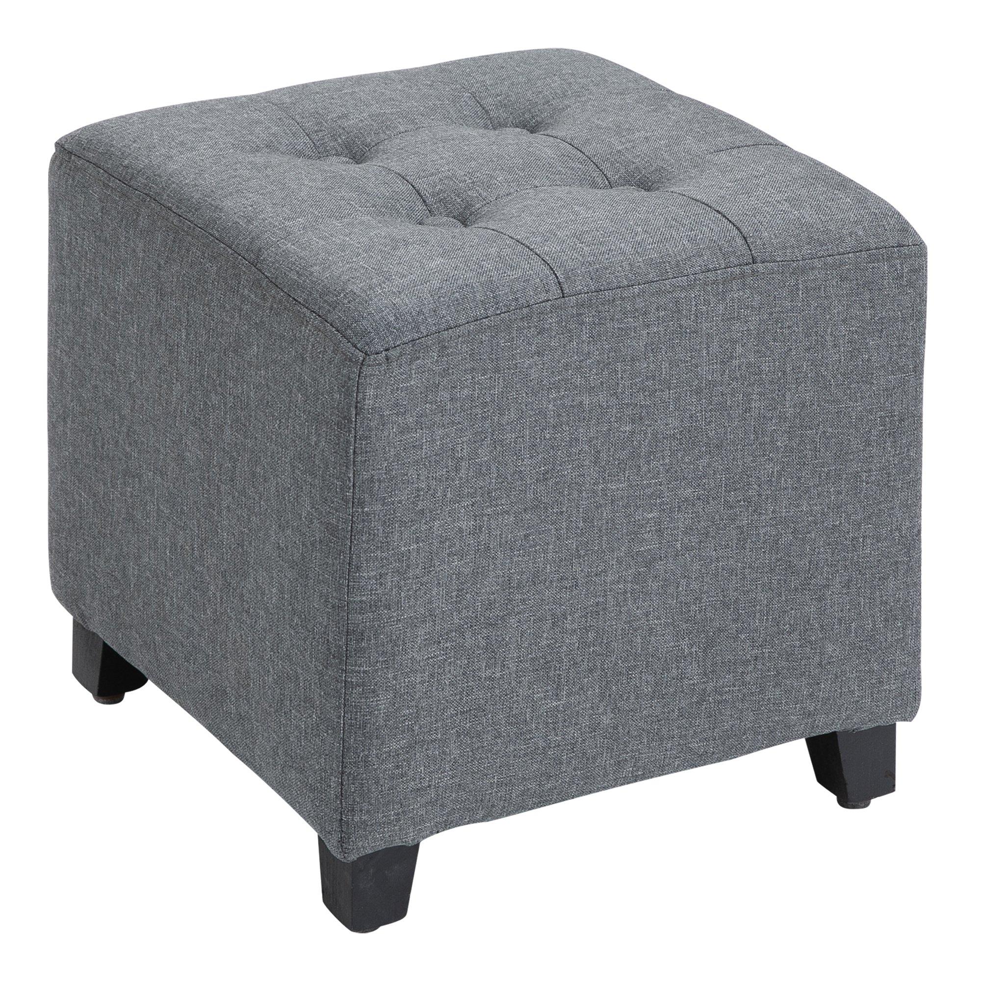 Linen-Look Square Ottoman Footstool with Button Tufts Wood Frame
