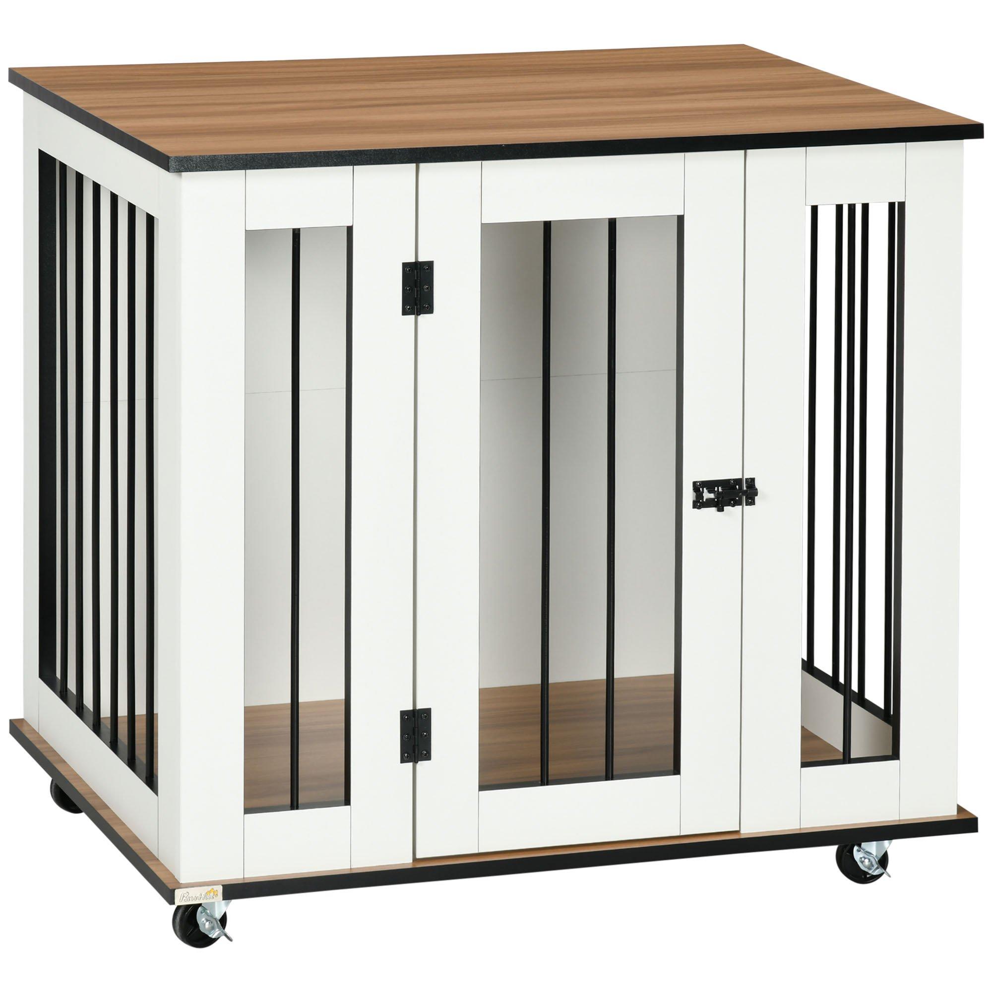 Dog Crate Furniture, Dog Cage End Table with Wheels, for Medium Dogs - White