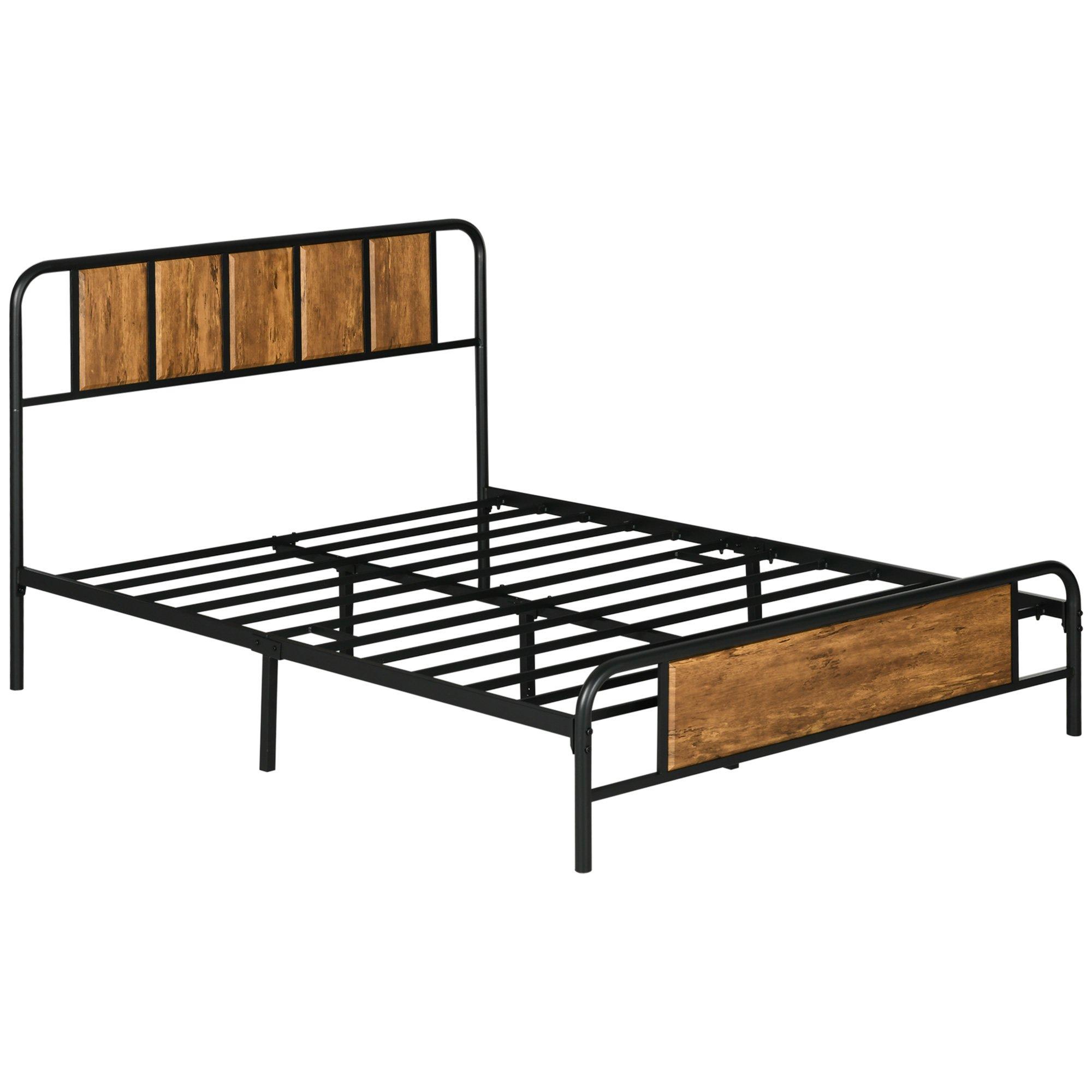 Bed Frame with Industrial Wood Headboard Steel Slat Support