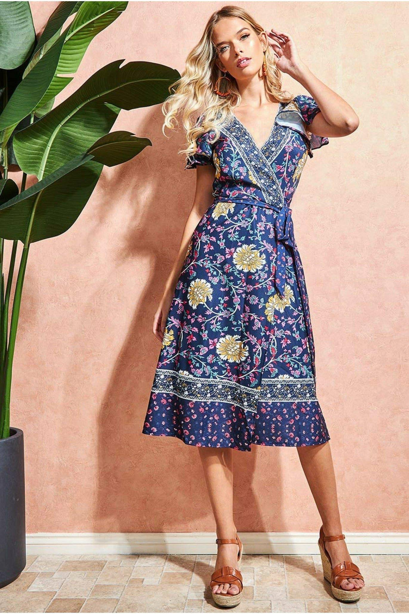 Floral Print Wrap Midi With Flutter Sleeves