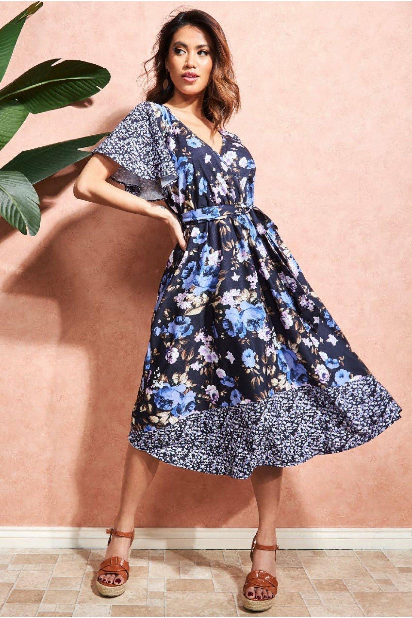 Flutter Sleeve Printed Midi Dress