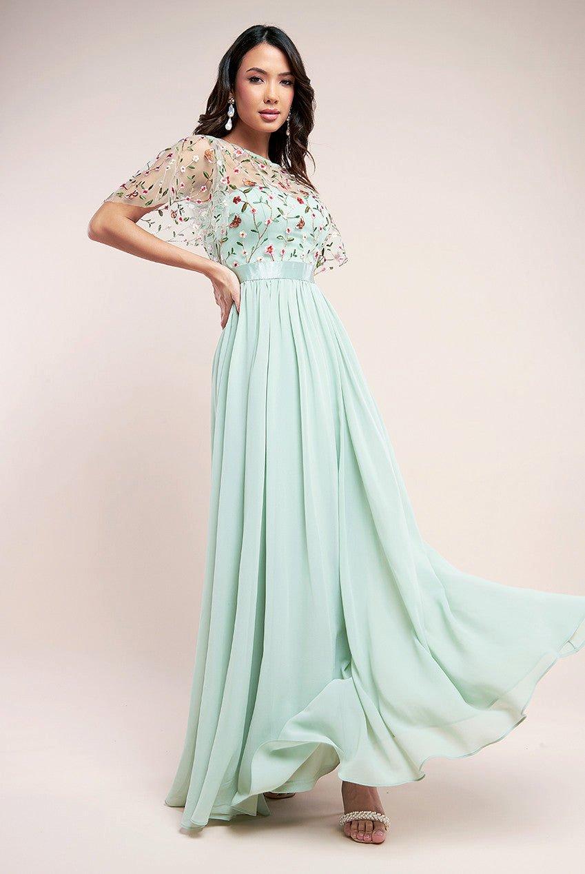 Embroidered Top Flutter Sleeve Maxi