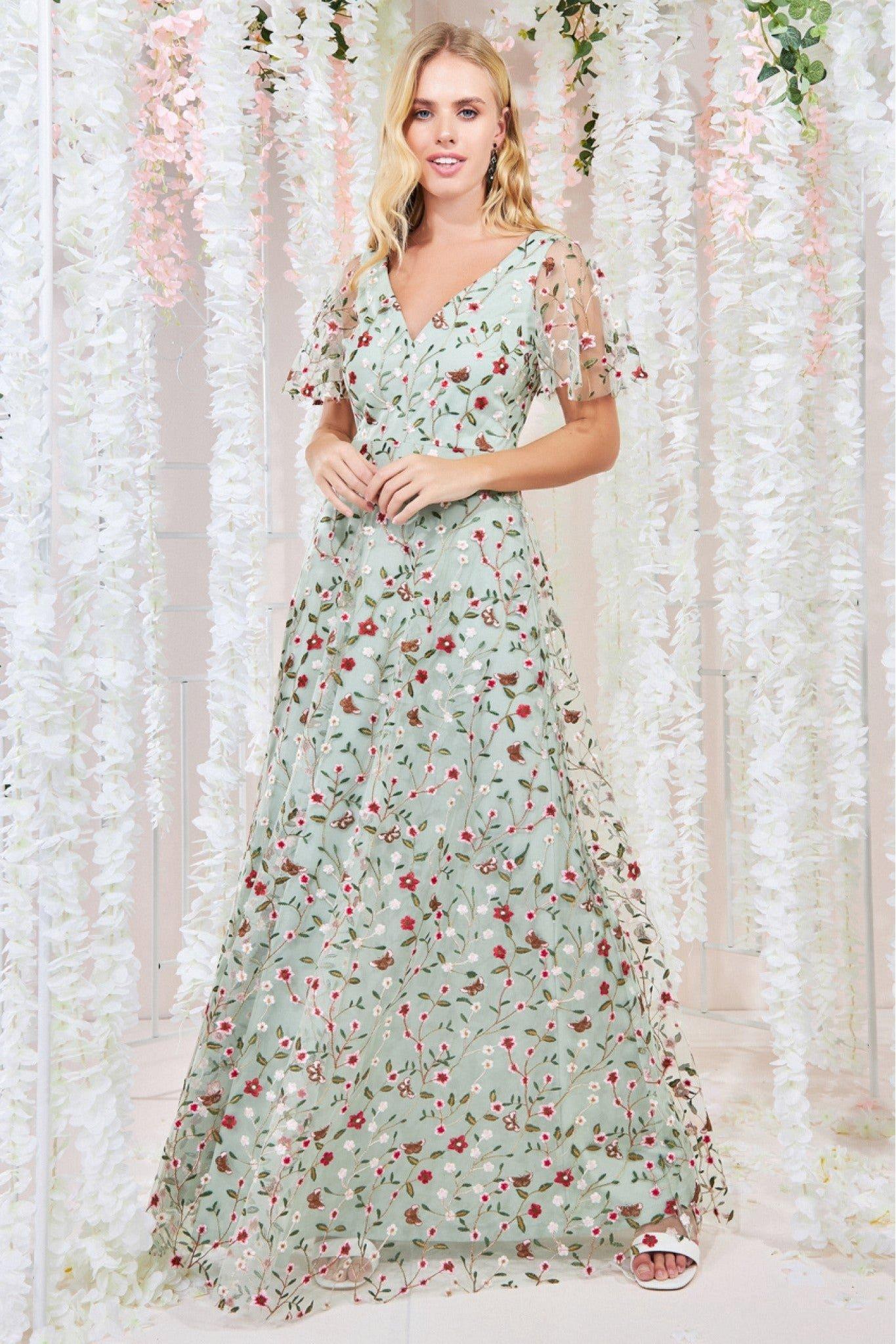 Flutter Sleeve Floral Embroidered Maxi