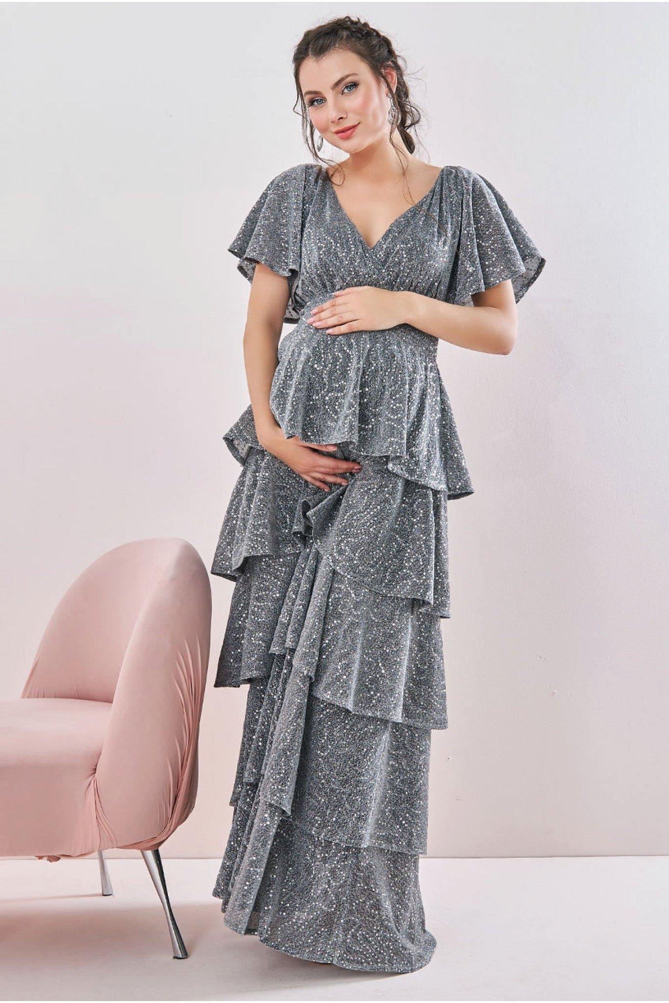 Maternity Sequin Lurex Tiered Maxi
