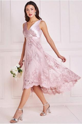 Pink Sequin Bridal Reception Dresses With Beads Elegant V-Neck Tea