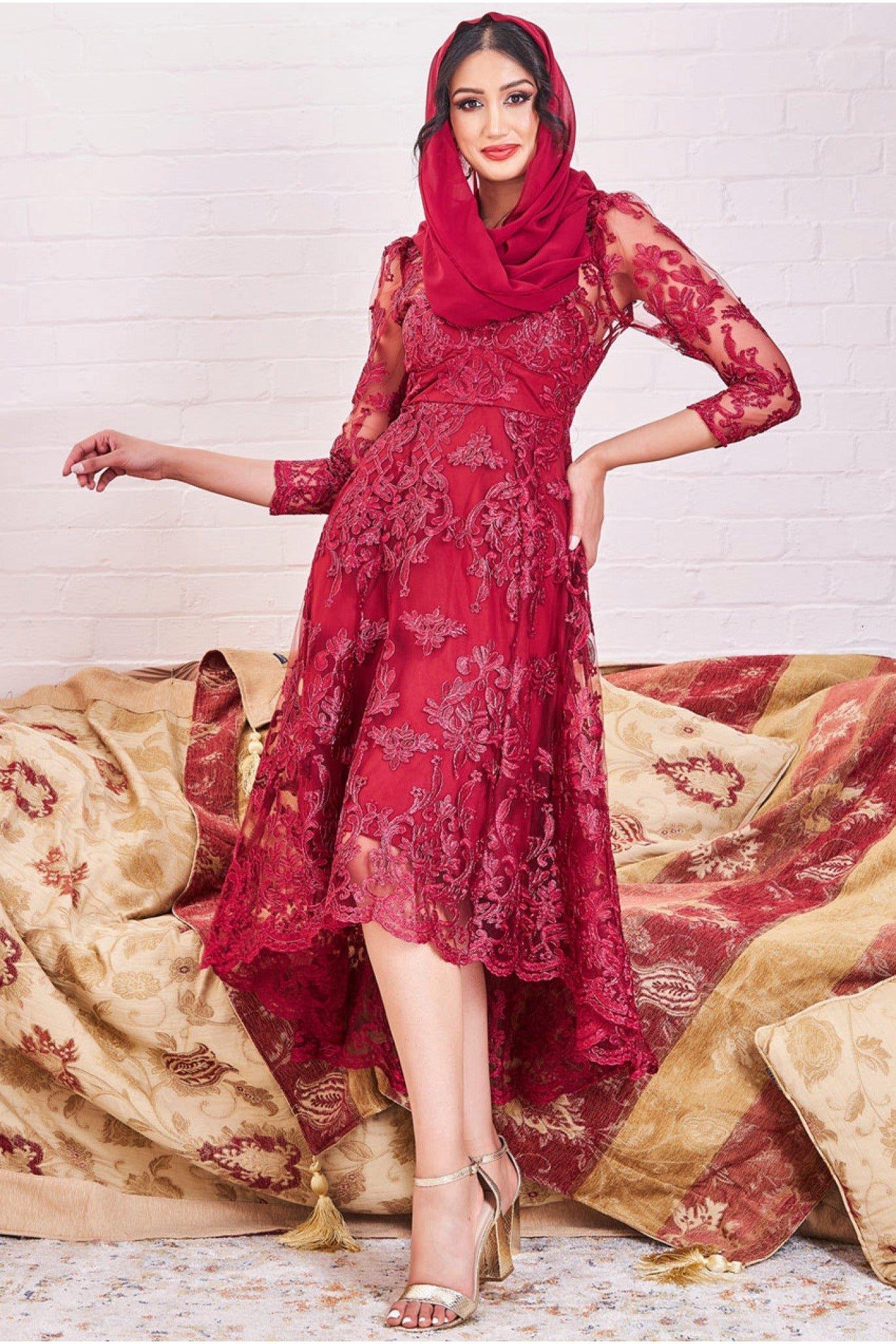 Modesty Lace Dipped Hem Midi Dress