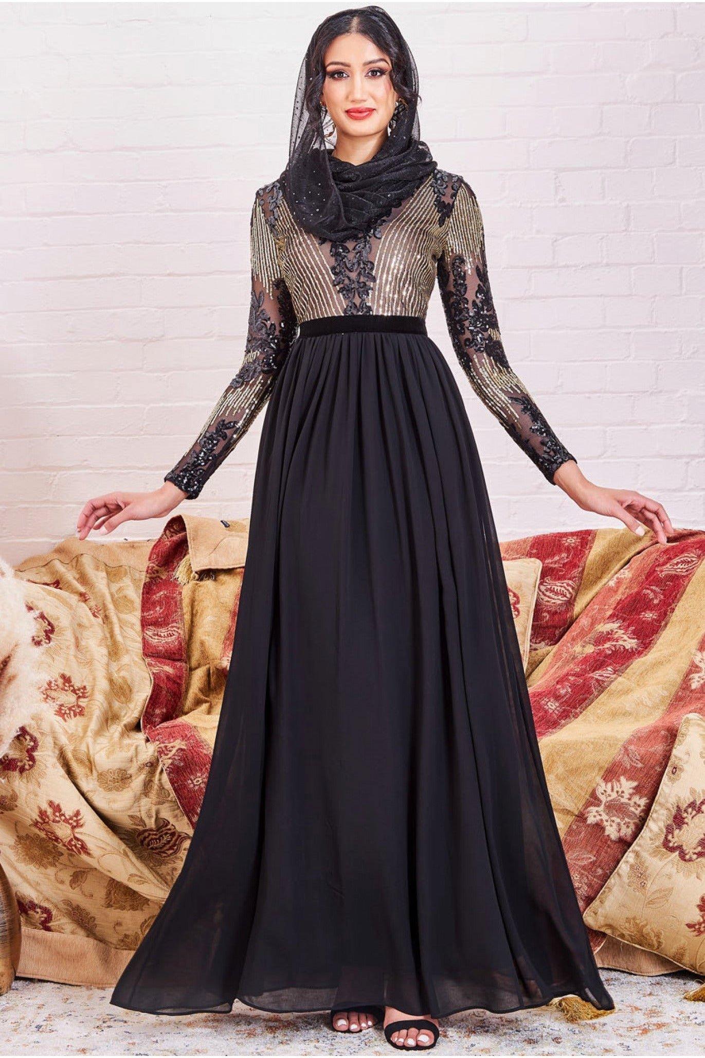 Modesty Sequin Mesh Bodice Maxi Dress
