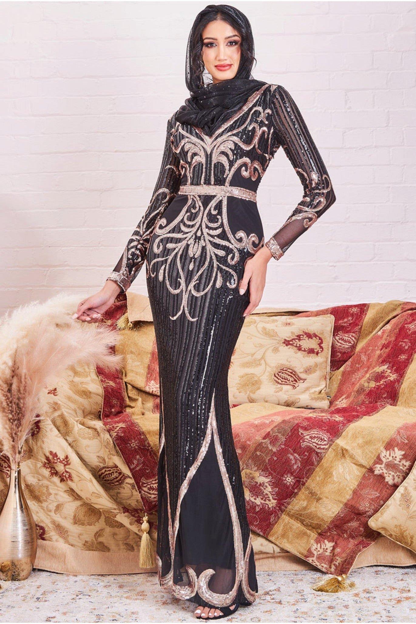 Modesty Sequin & Mesh Maxi Dress