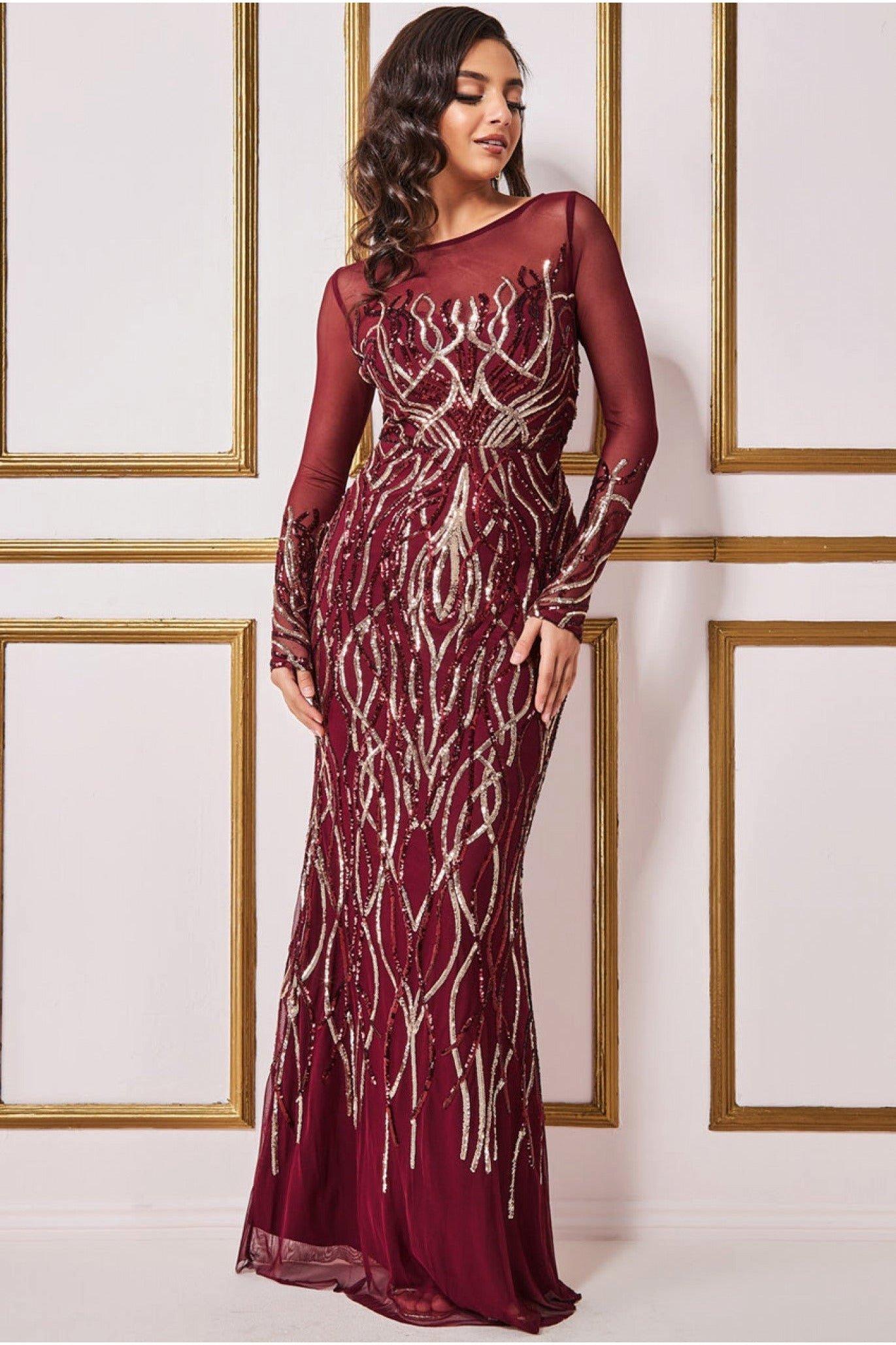 Long Sleeve Sequin Flame Maxi Dress