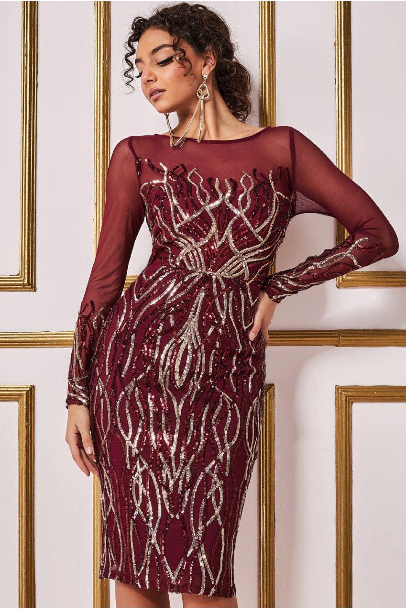 Long Sleeve Sequin Flame Midi Dress