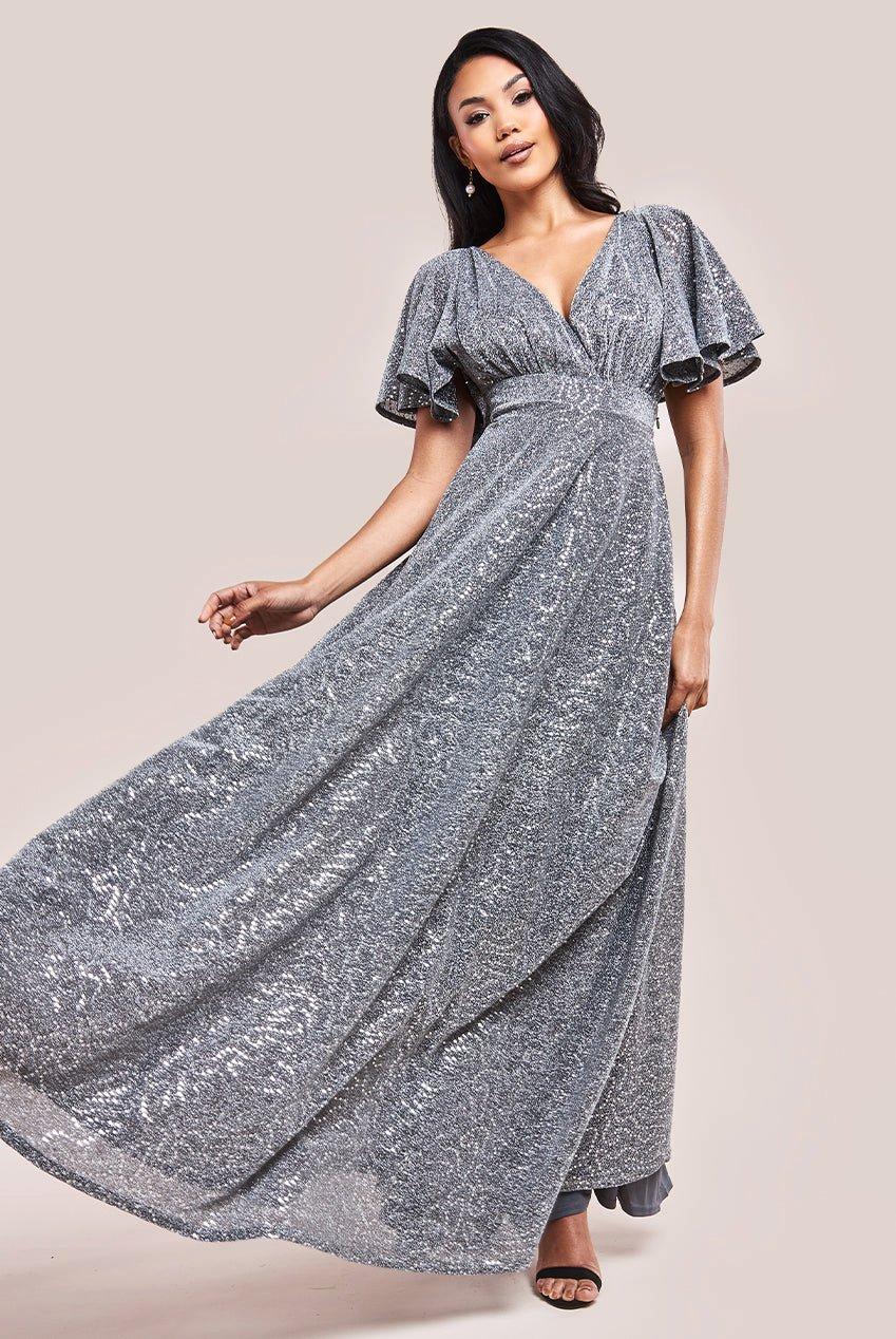 Sequin Lurex Flutter Sleeve Maxi Dress