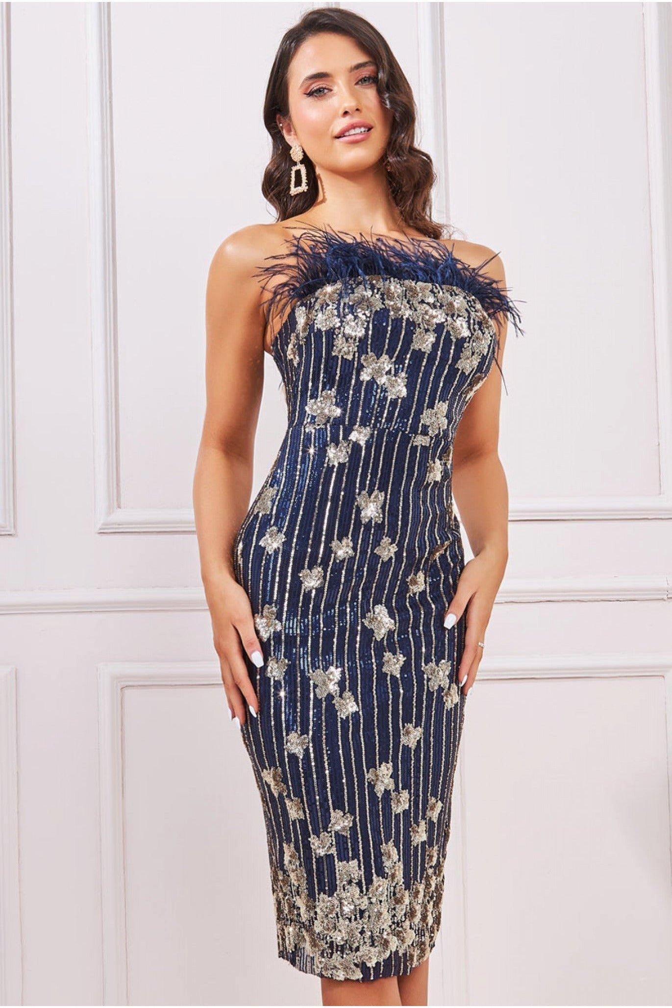Sequin And Feather Boobtube Midi