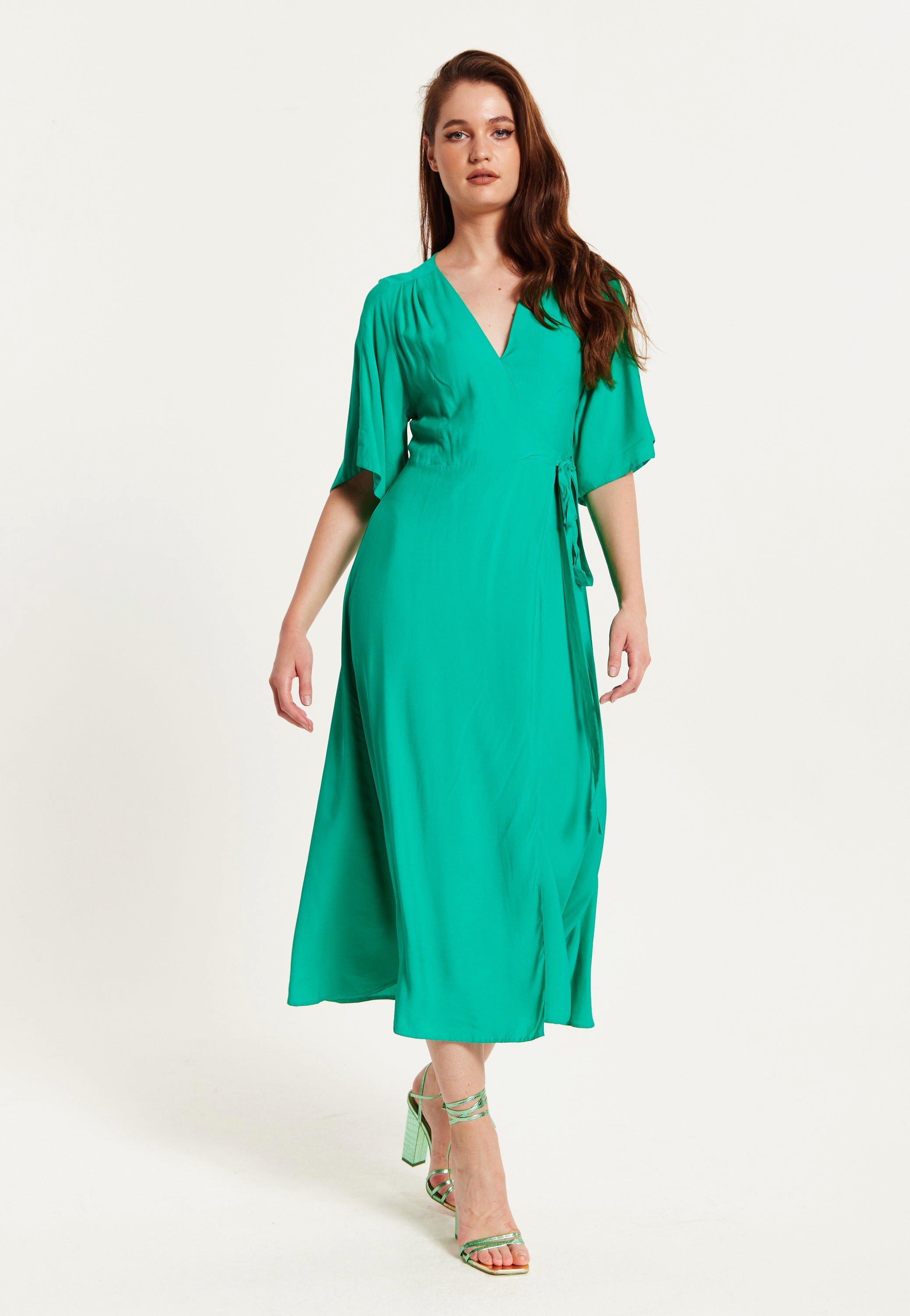 Green Maxi Wrap Dress With Kimono Sleeves