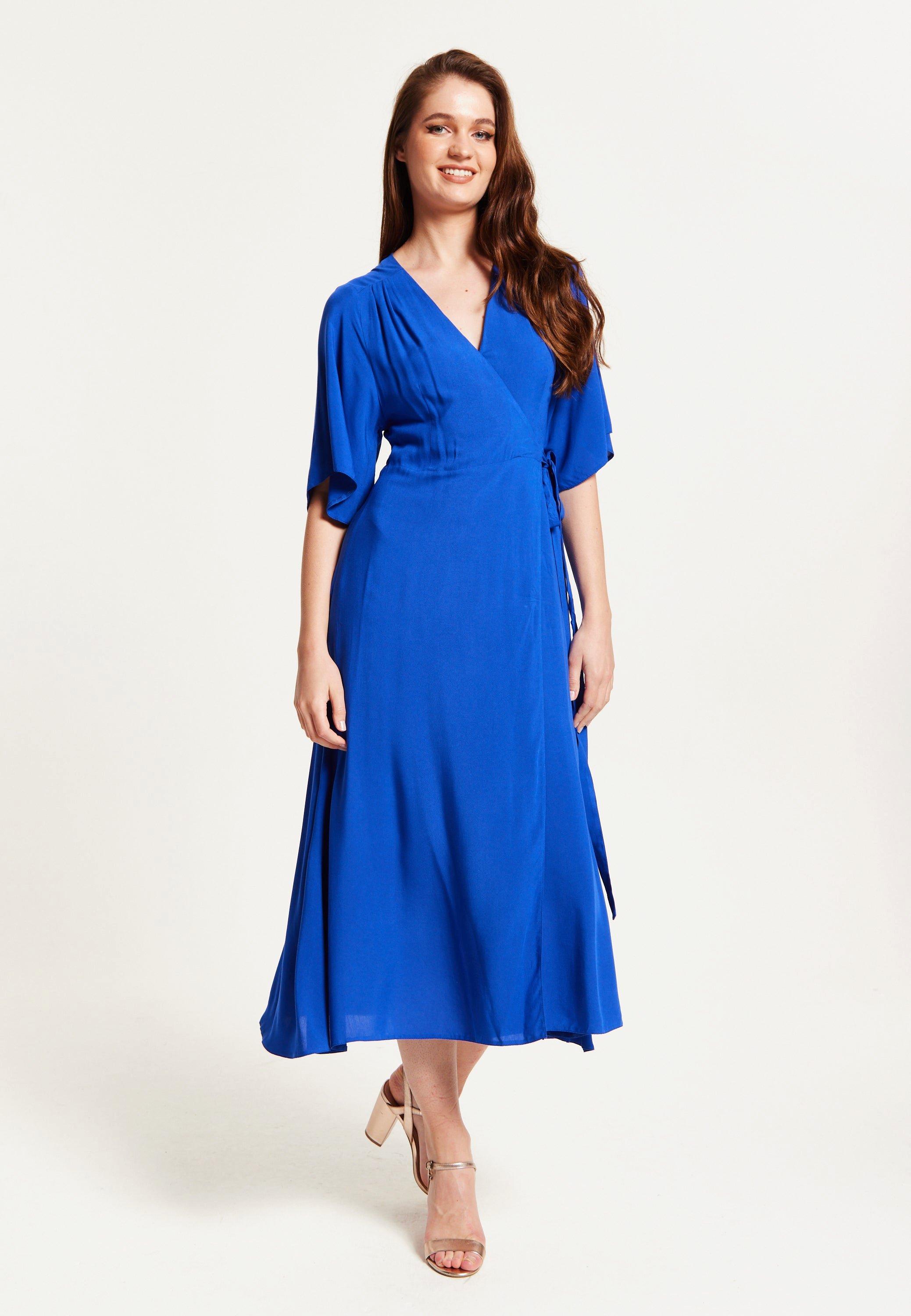 Royal Blue Maxi Wrap Dress With Kimono Sleeves