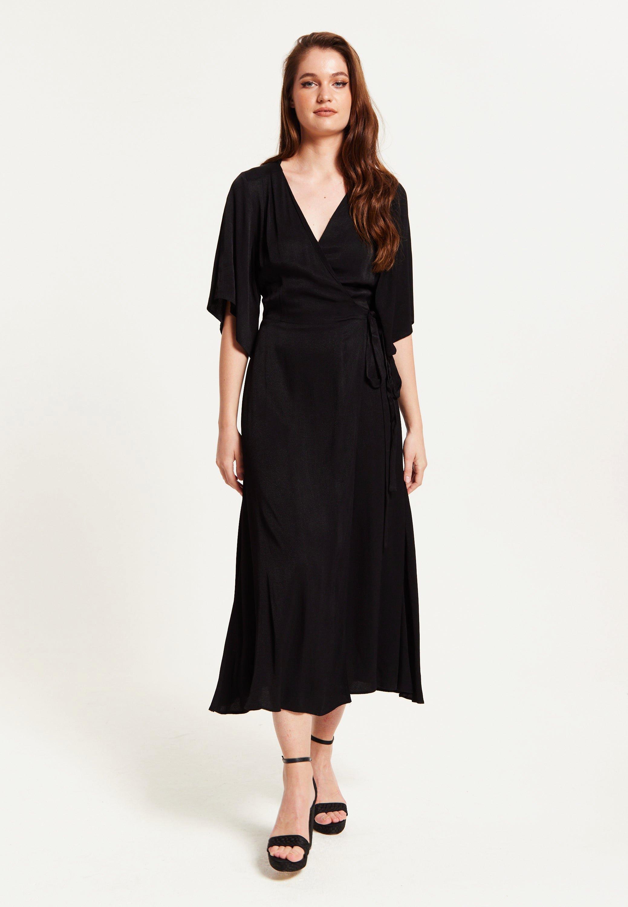 Black Maxi Wrap Dress With Kimono Sleeves