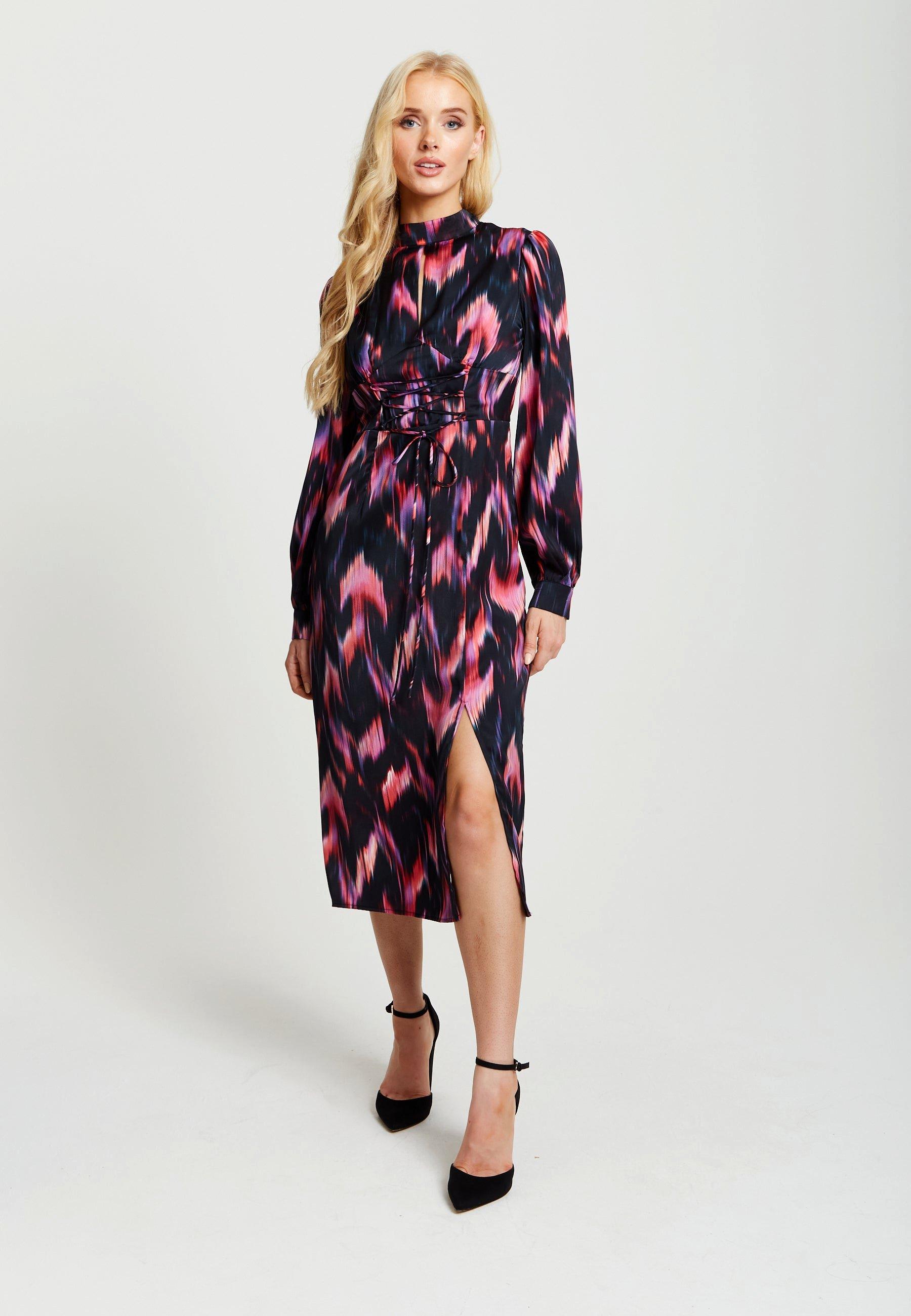 Abstract Ikat Print Midi Lace Up Dress In Black And Pink