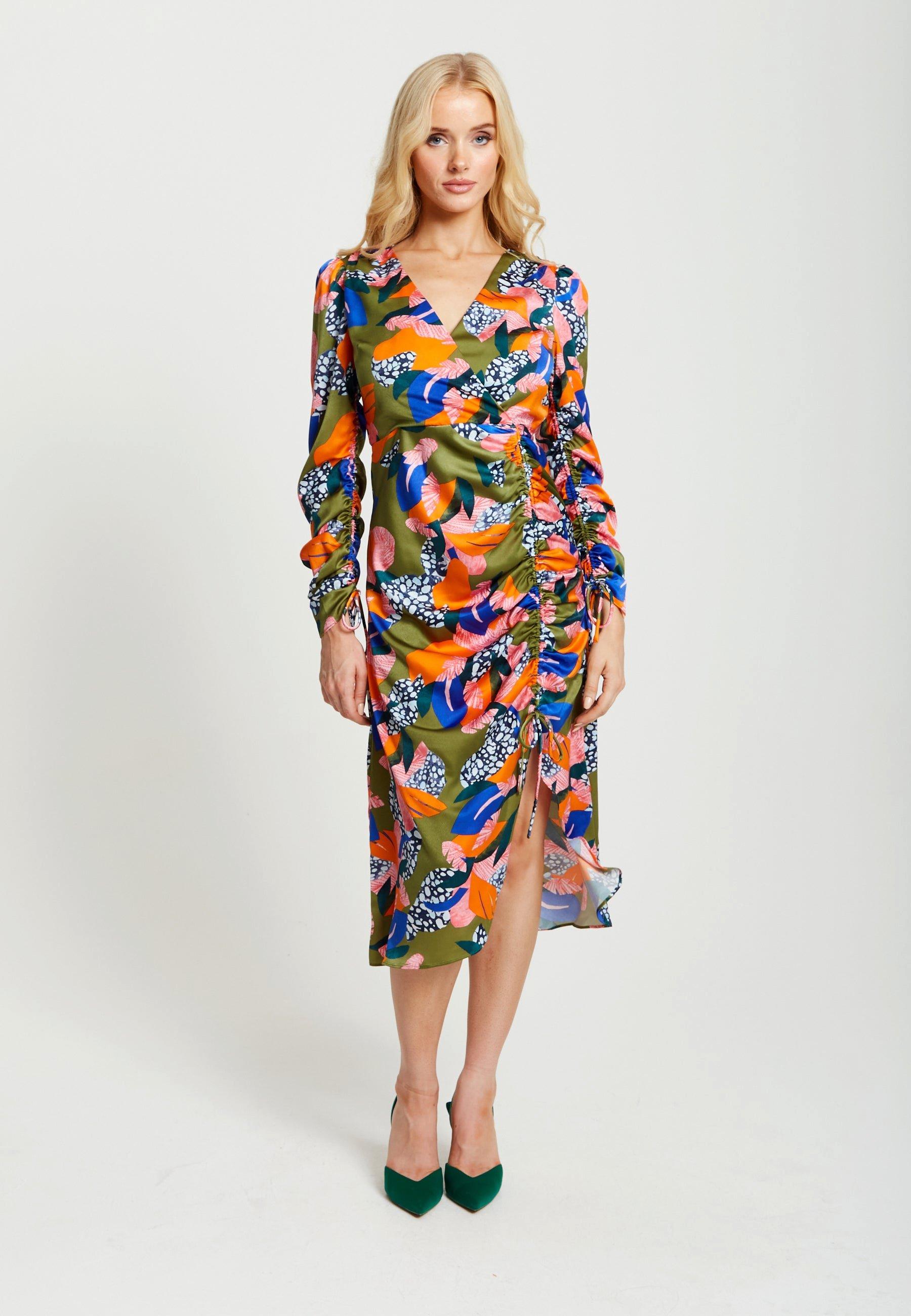 Abstract Leaf Print Midi Ruched Dress In Olive