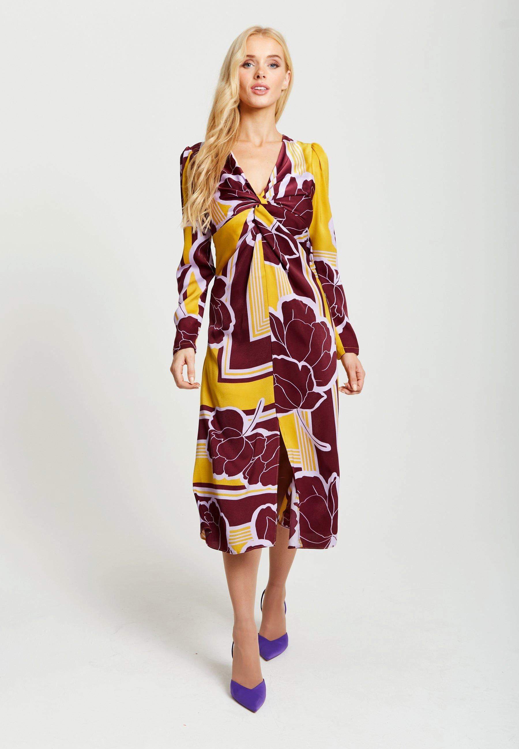 Geometric Floral Print Knotted Midi Dress In Mustard And Burgundy