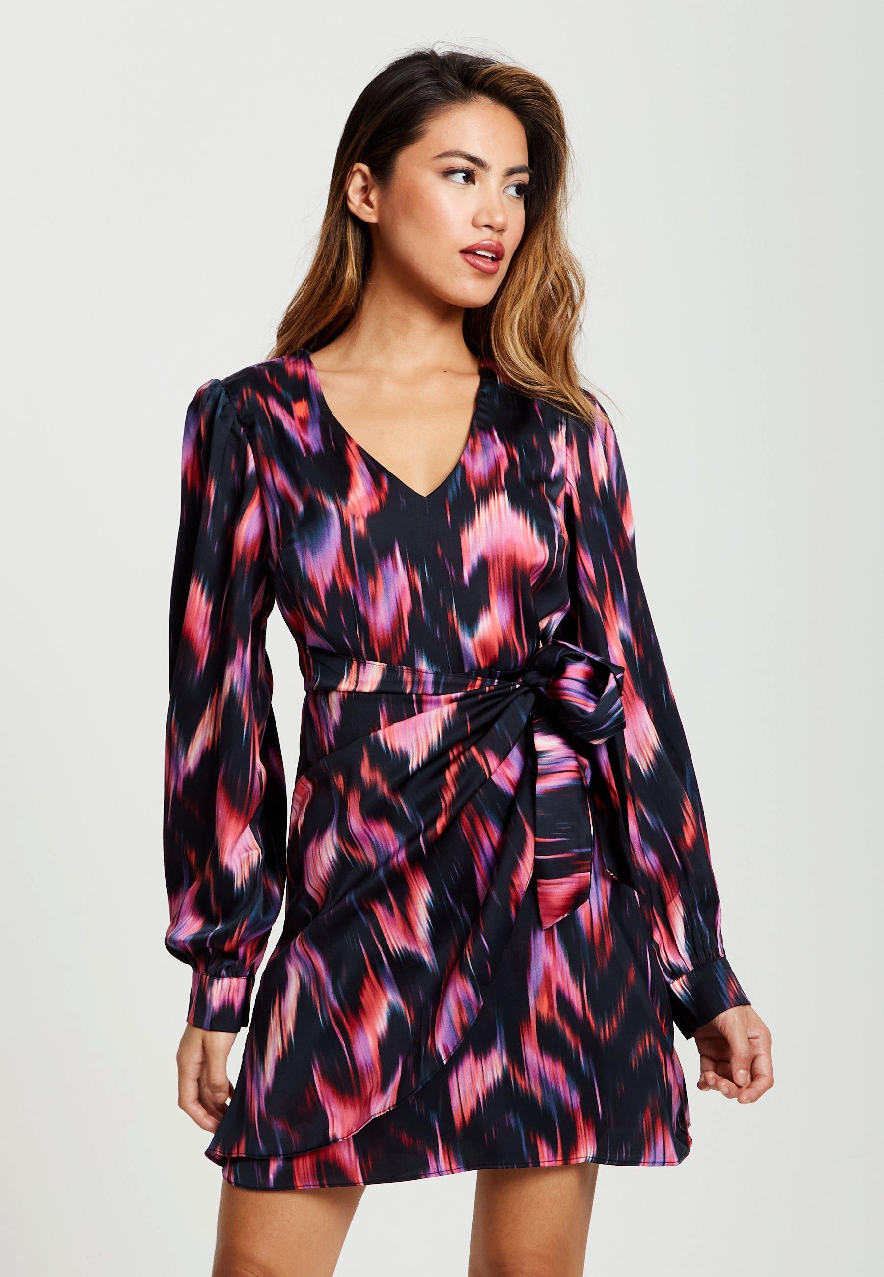 Abstract Print Mini Wrap Dress In Black And Pink
