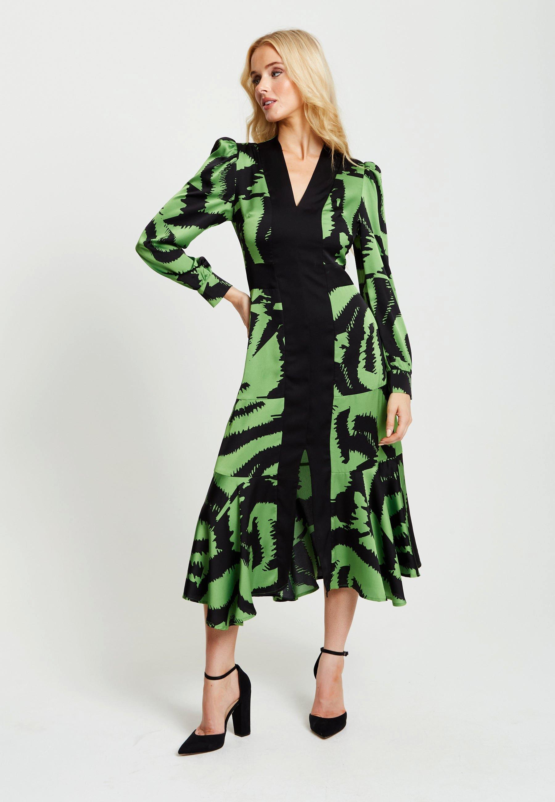 Zebra Print Midi Dress With Front Slit And Long Sleeves