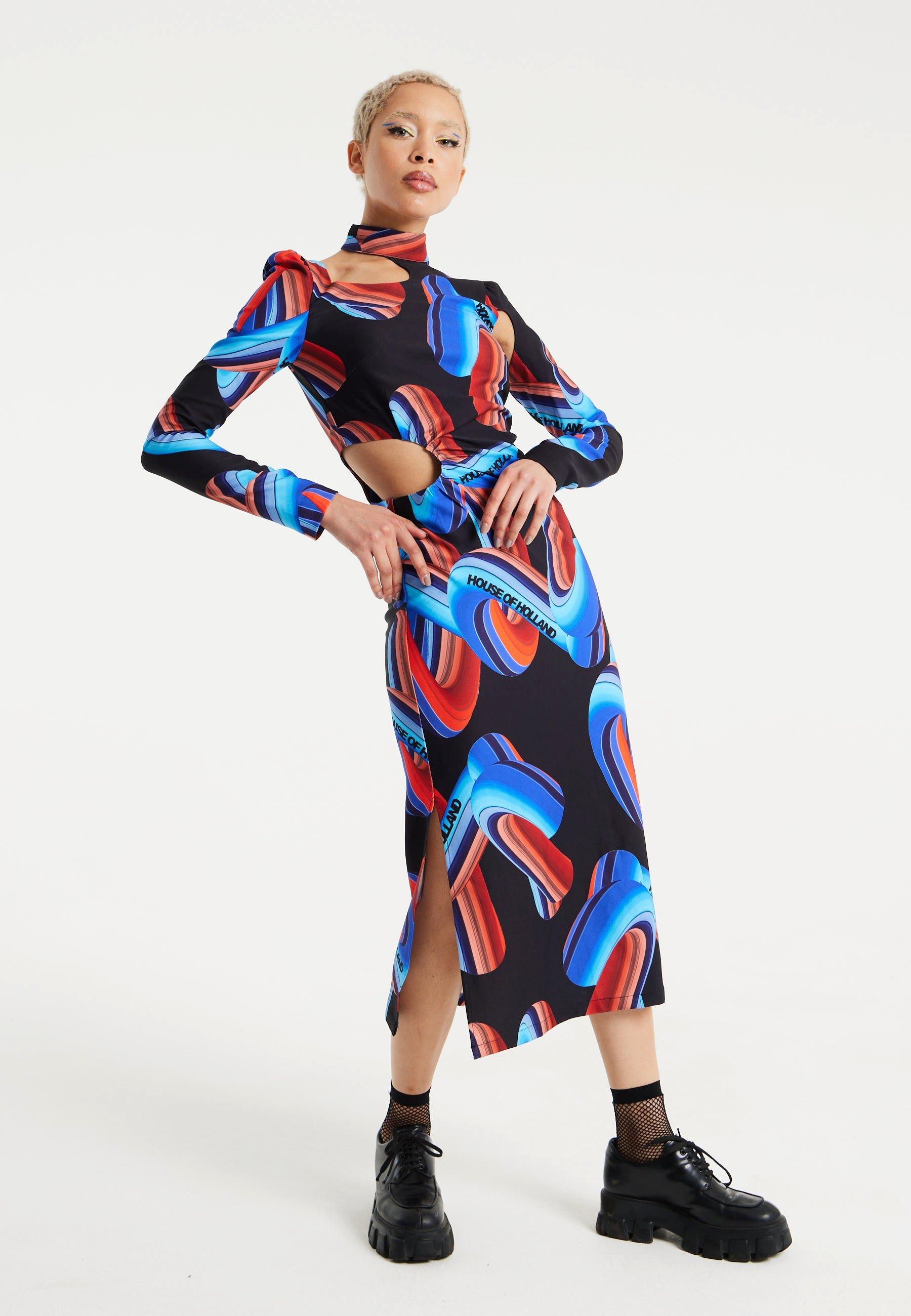 Abstract Print Midi Dress With Front Cut Out Detail