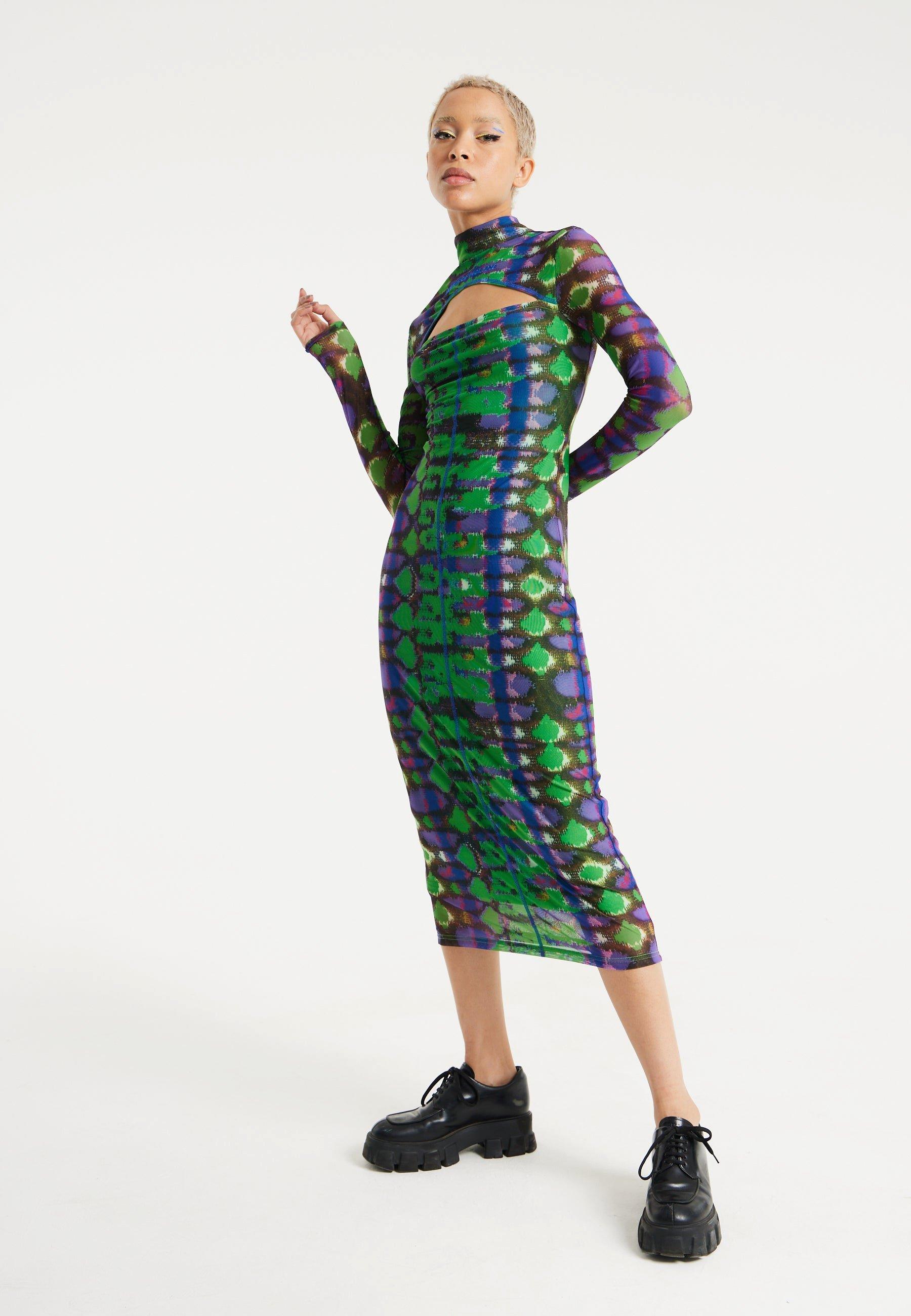 Abstract Snake Print Midi Dress With Front Cut Out Detail