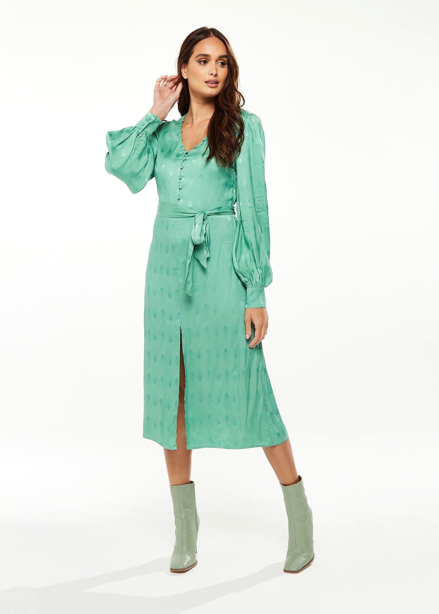 70s Style Jacquard Dress In Mint with Slit