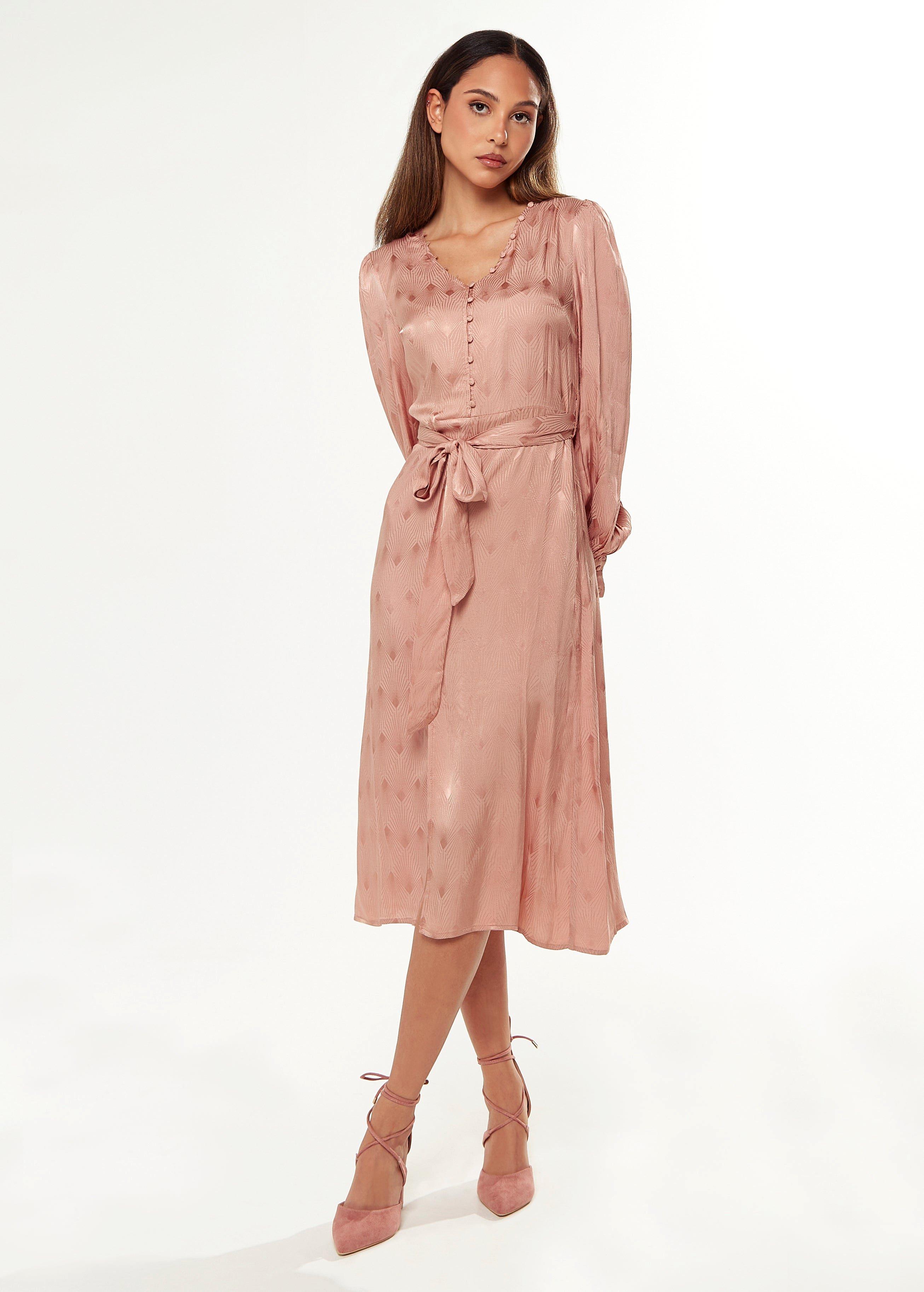 70s Style Jacquard Dress In Nude With Slit