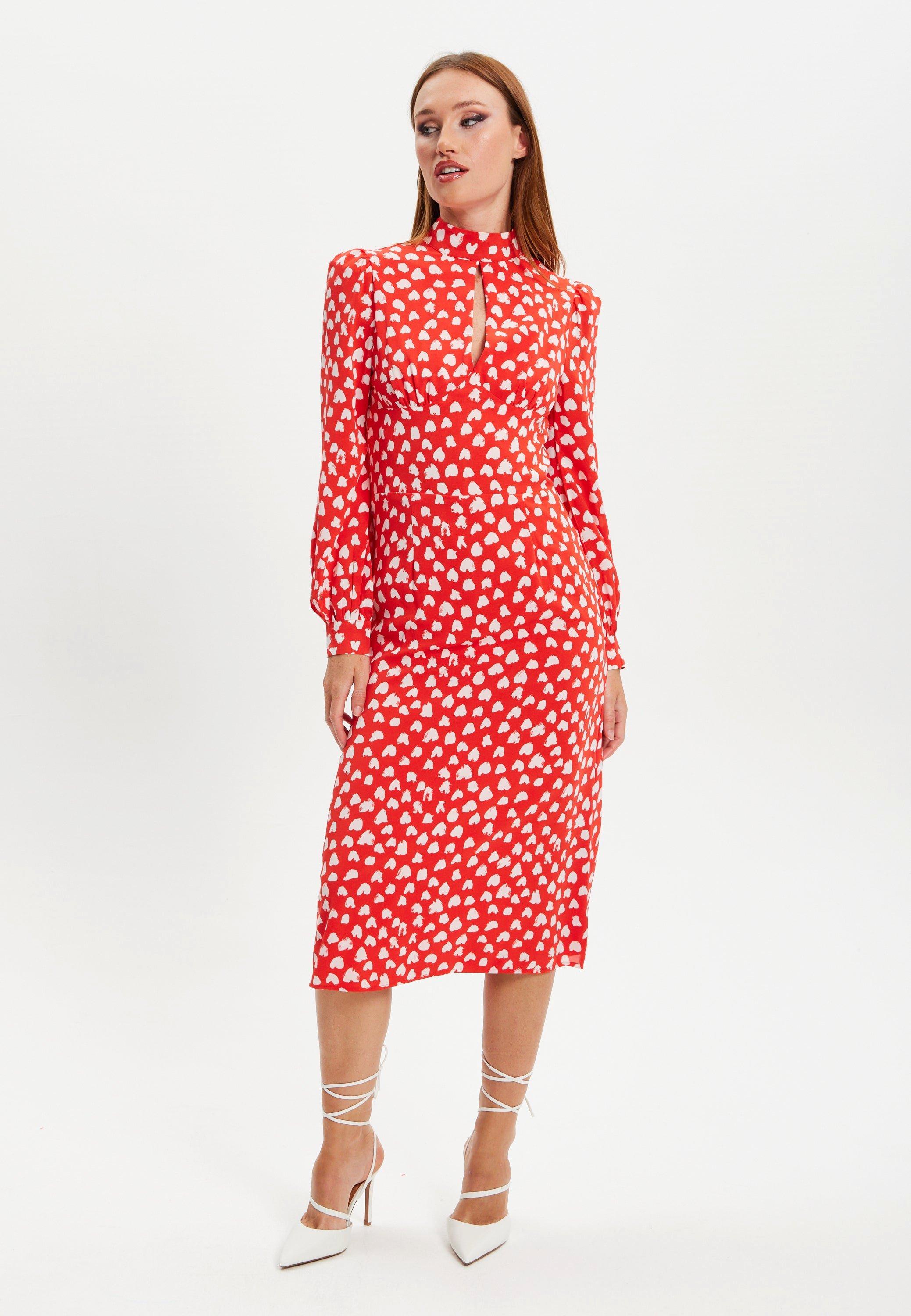 Heart Print Midi Dress In Red With Slit On Neckline