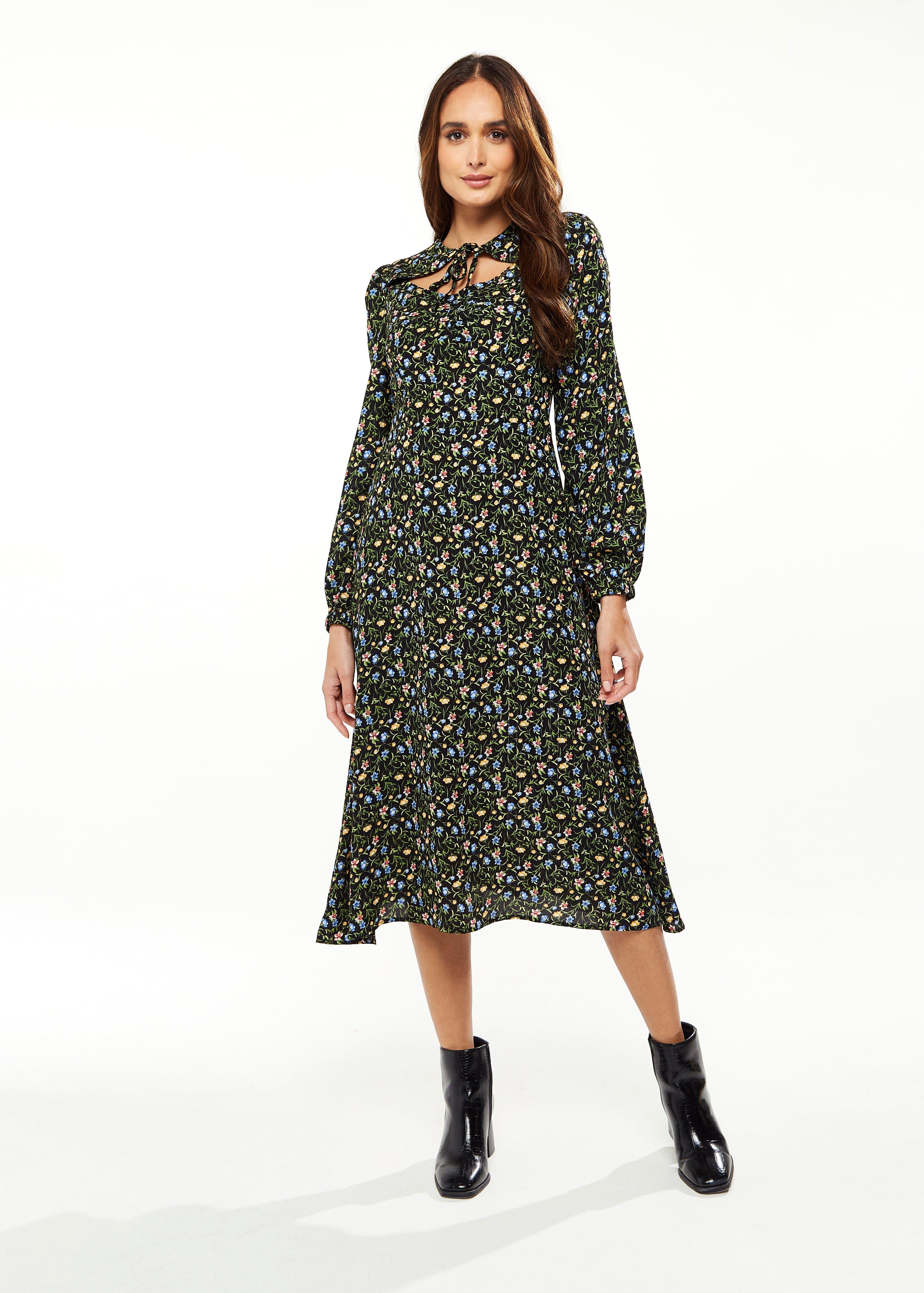 Black Floral Print Midi Dress With Lurex And Neck Detail