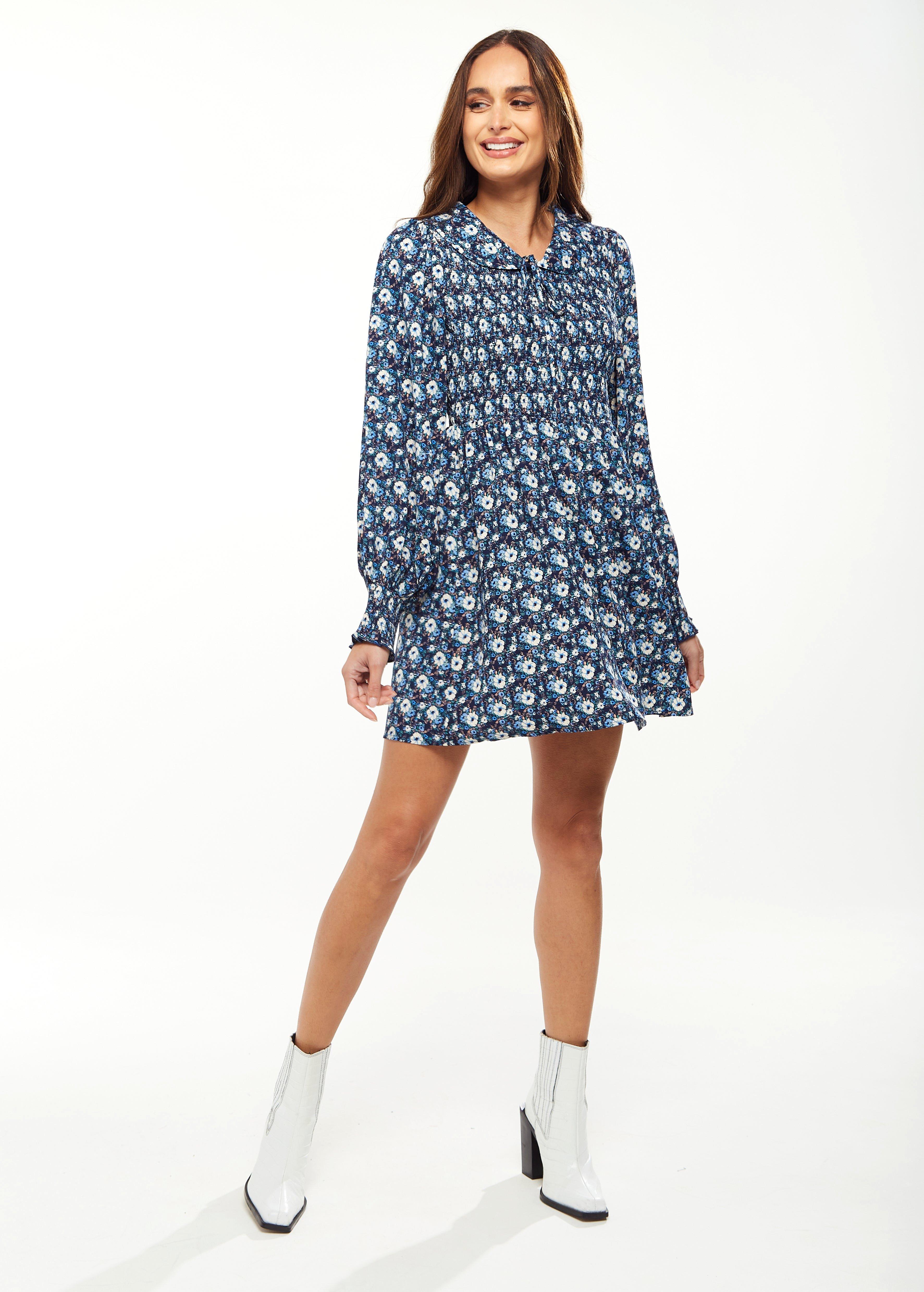 Floral Print Smock Mini Dress With Peter Pan Collar In Blue