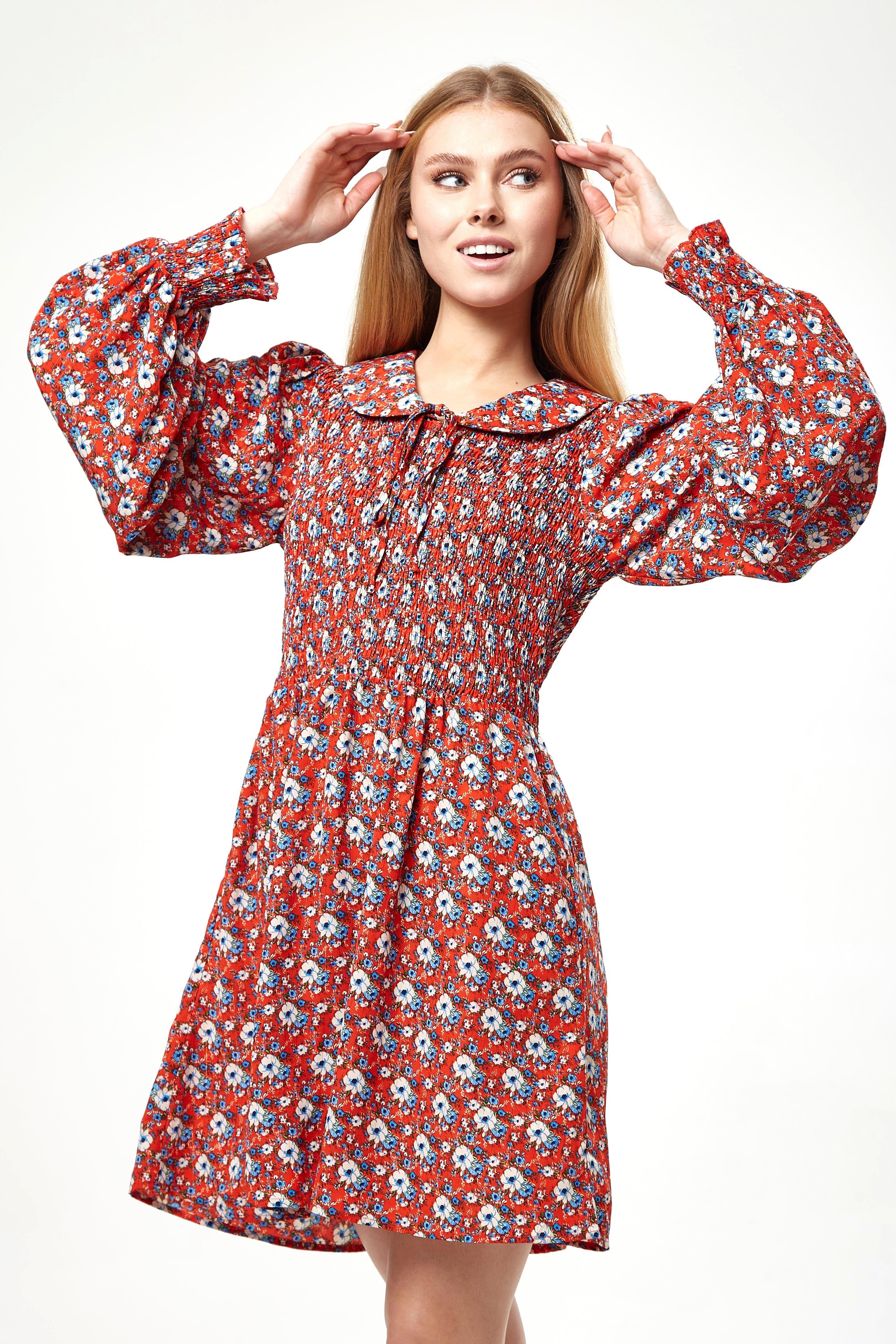 Floral Print Smock Mini Dress With Peter Pan Collar In Red