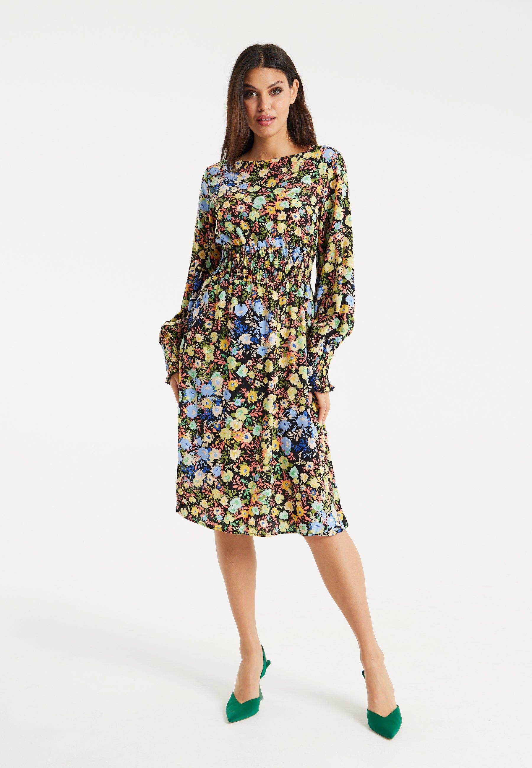 Floral Print Midi Dress With Smock Waist In Multicolour