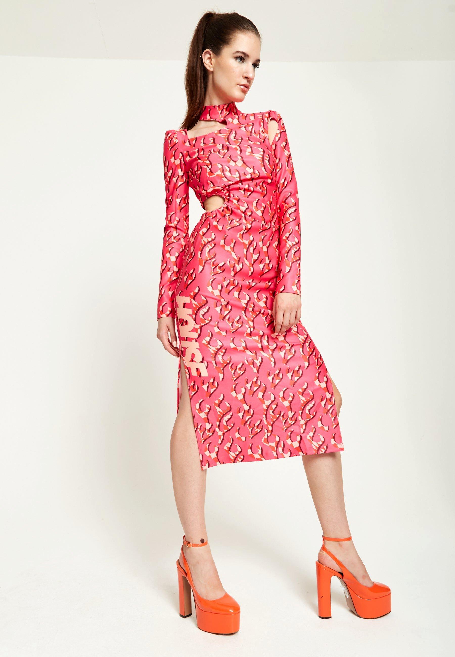 Pink Flame Clashing Colours Midi Dress With Cut Out Details
