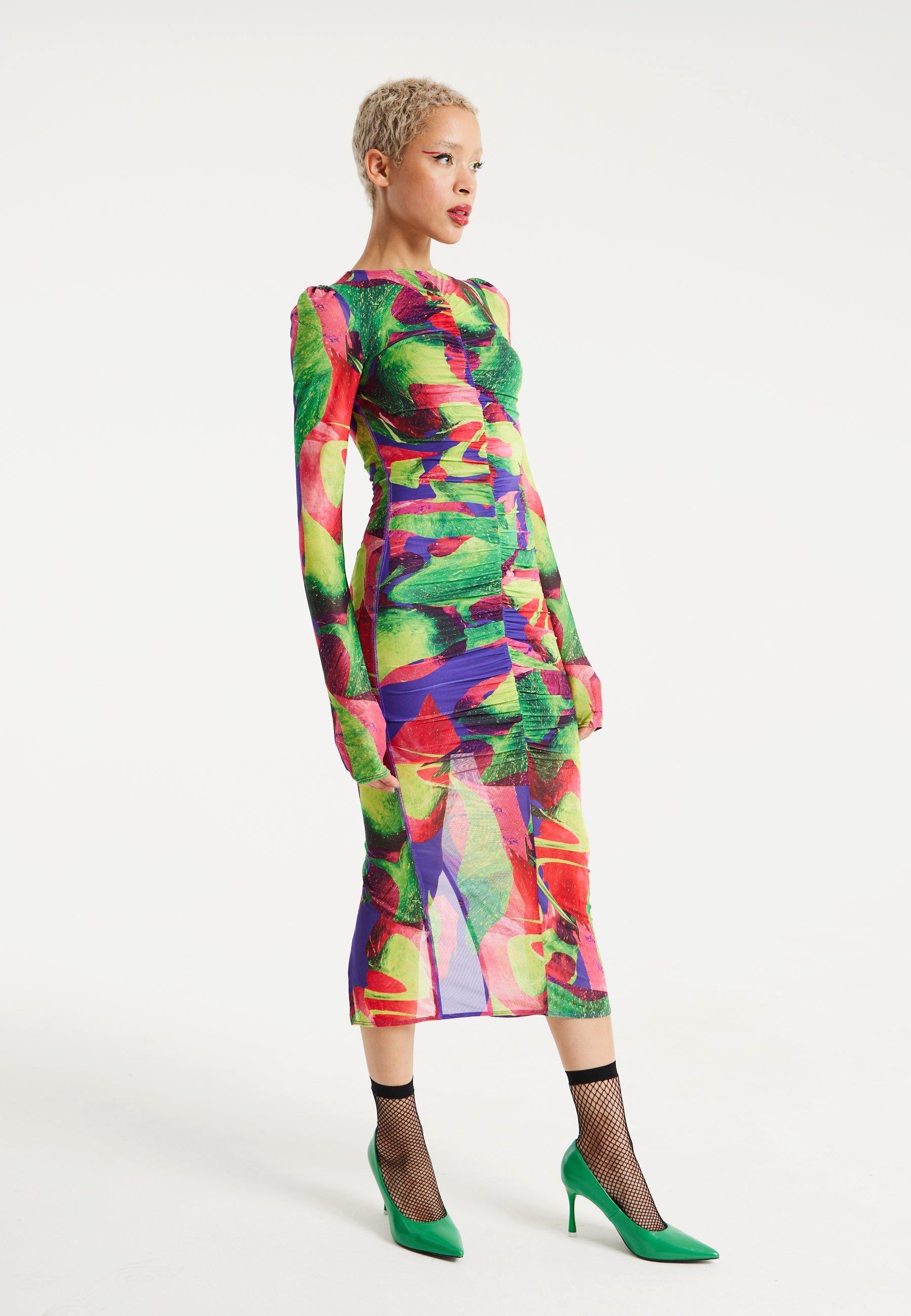 Abstract Multicolour Print Midi Dress With Ruching Detail