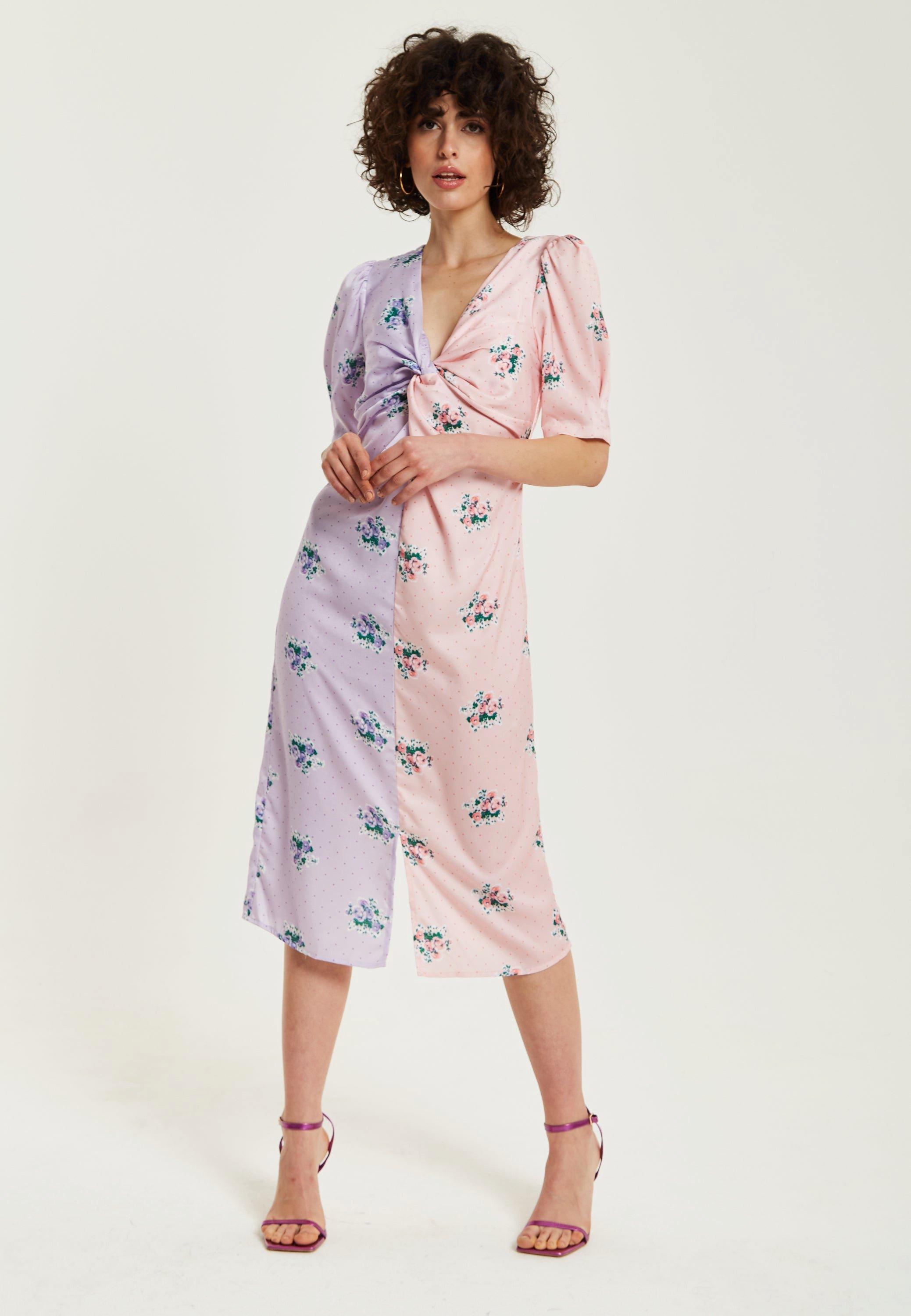 Lilac And Pink Floral Knot Front Midi Dress With Short Sleeves