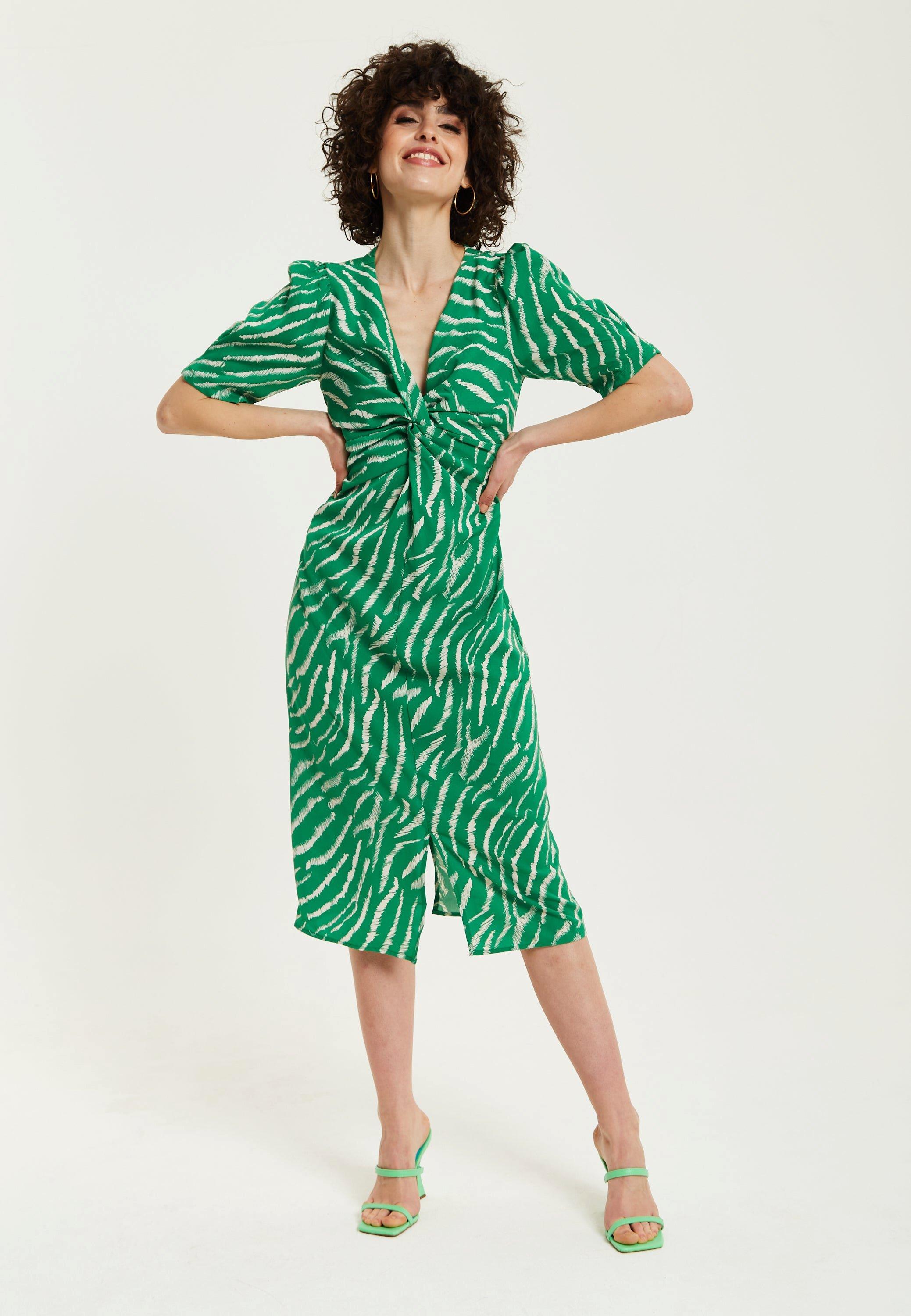 Green Zebra Print Knot Front Midi Dress With Short Sleeves