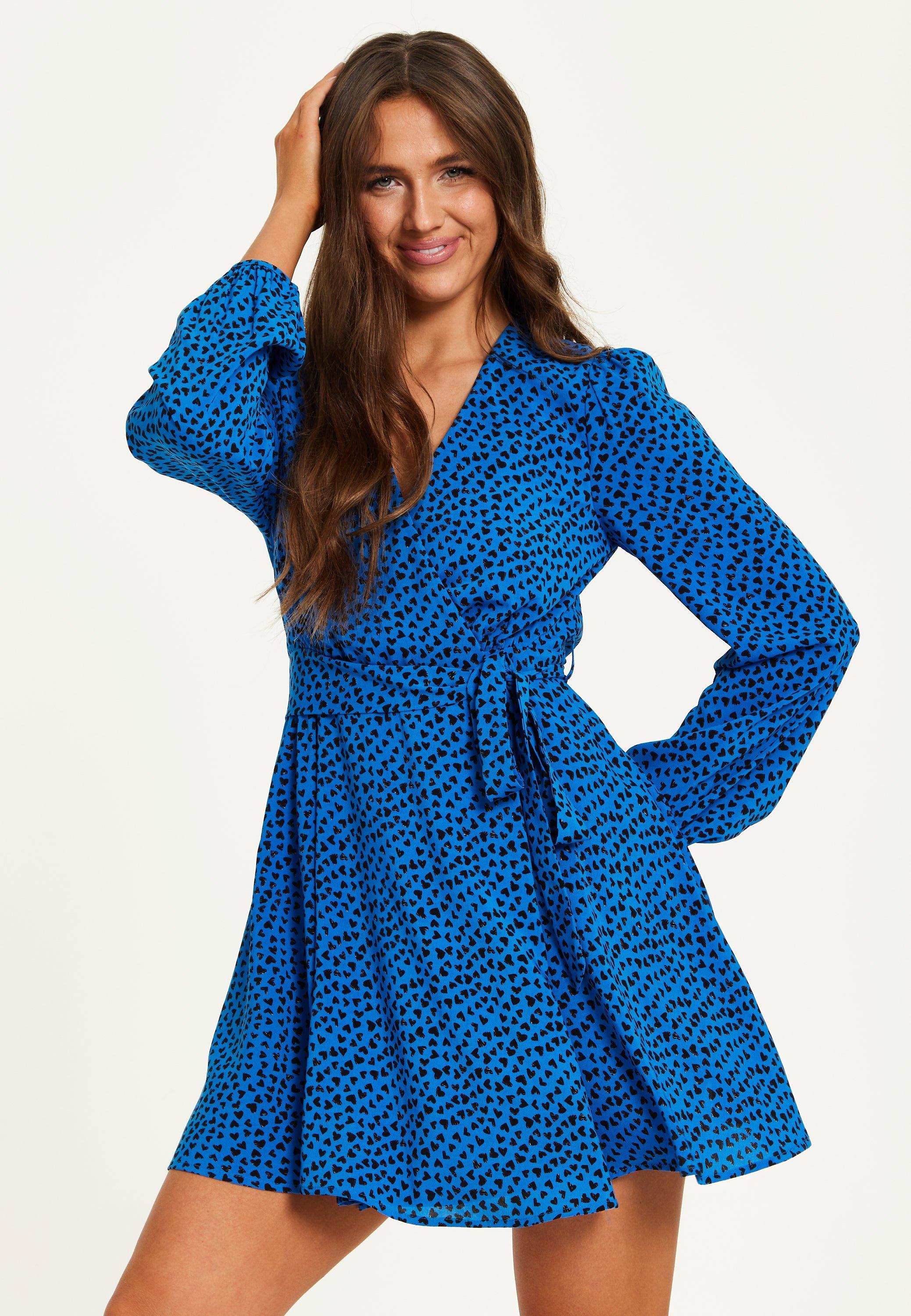 Heart Print Mini Wrap Dress With Long Sleeves In Royal Blue