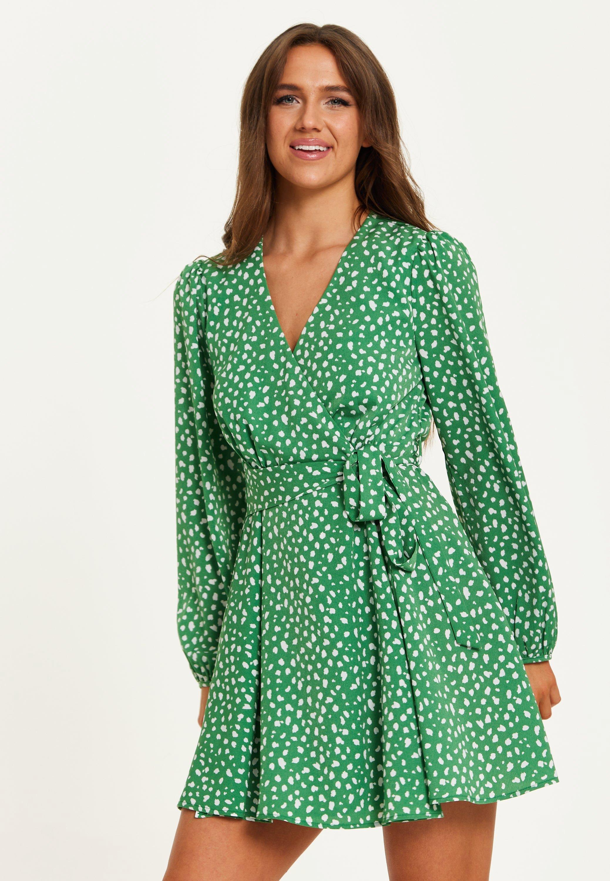Animal Print Mini Wrap Dress With Long Sleeves In Green
