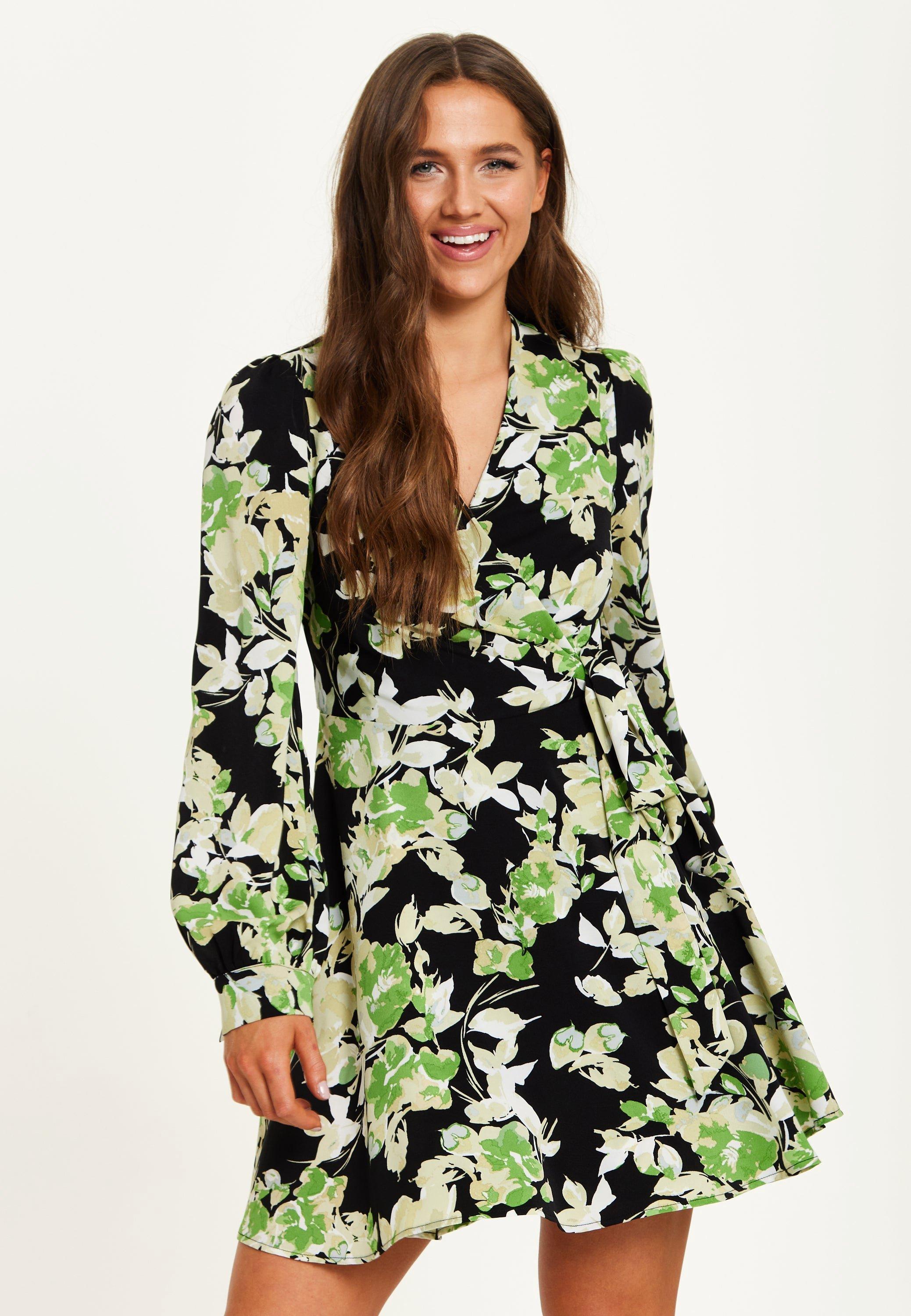 Green Floral Print Mini Wrap Dress With Long Sleeves In Black