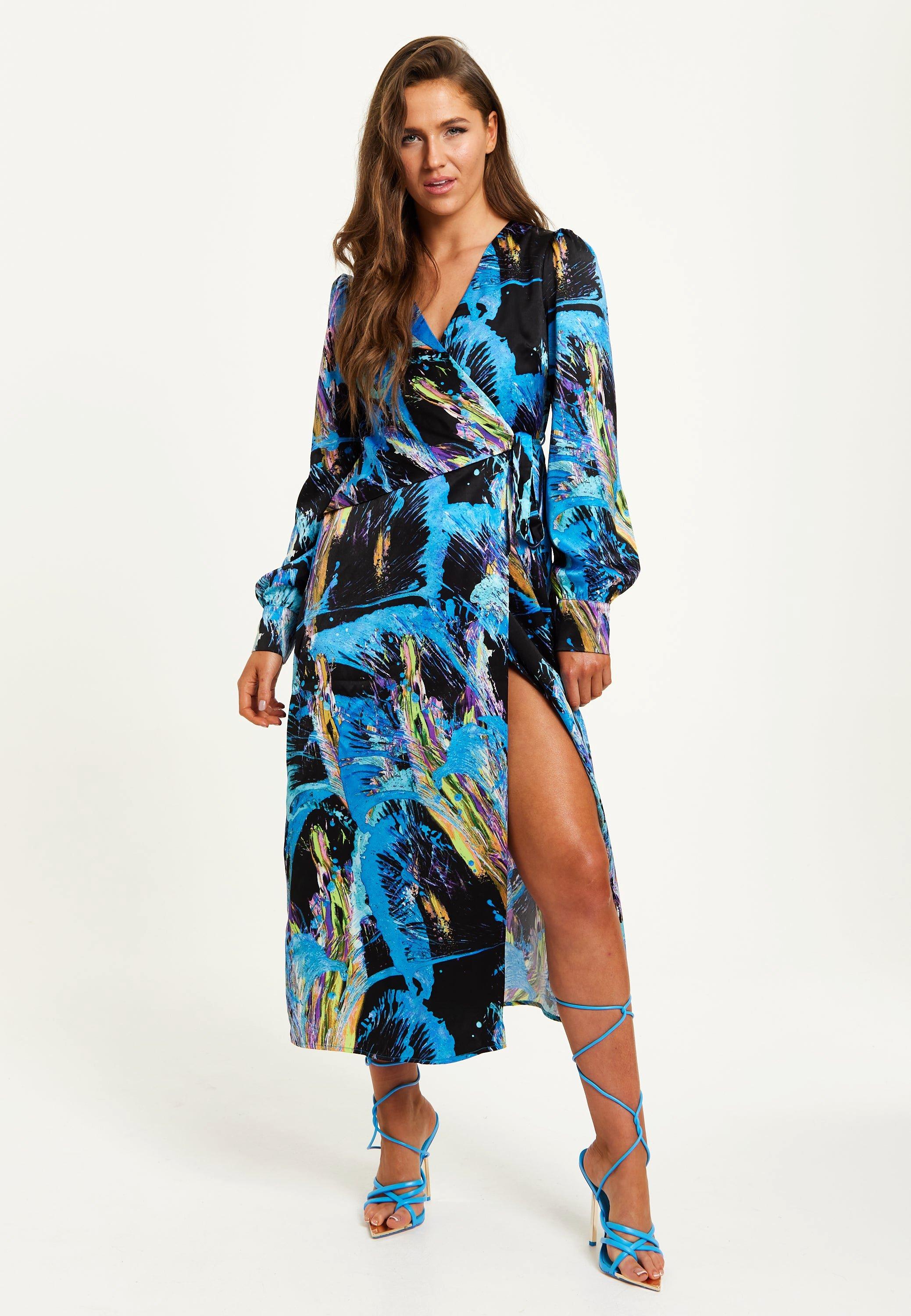 Multicolour Abstract Print Midi Wrap Dress With Long Sleeves