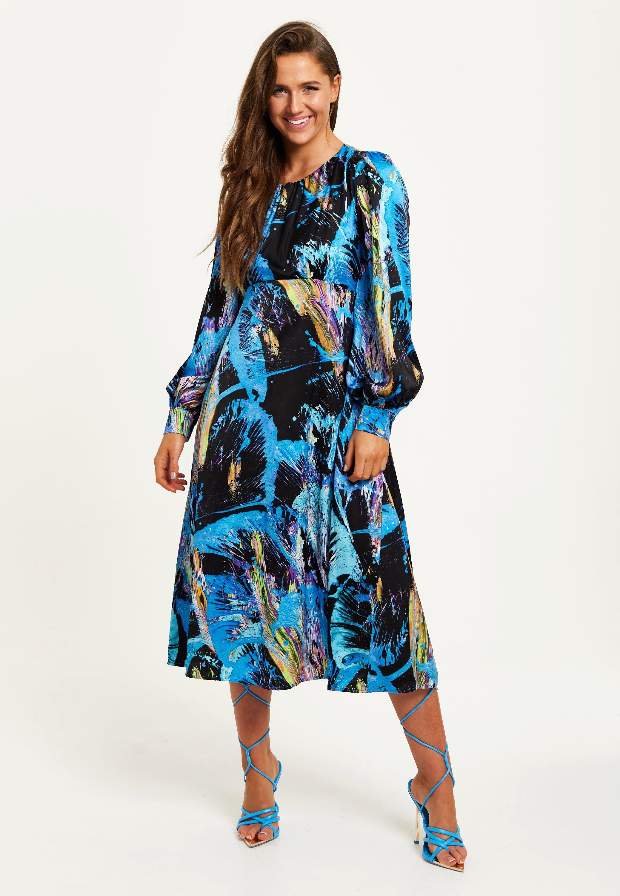 Multicolour Abstract Print Midi Dress With Long Sleeves And Tie Waist